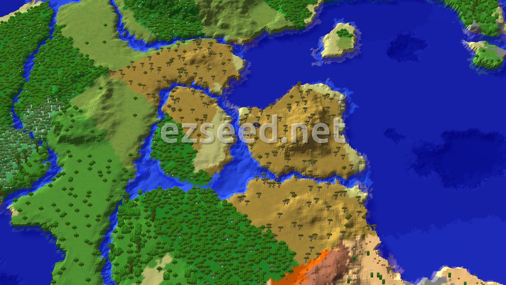 A bird's eye view of a varied landscape, showing a large savanna biome with scattered acacia trees, bordered by a dark green forest and a winding river. A blue ocean with small islands is visible to the north and east.