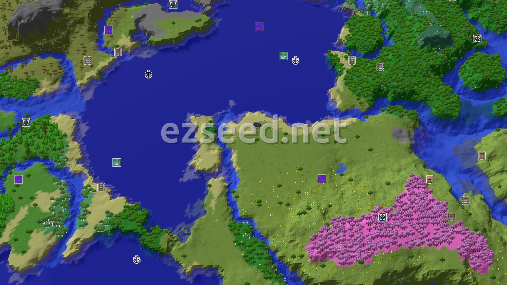 Aerial Minecraft seed map — Cherry Grove and Coastal Plains with Nearby Trial Chambers