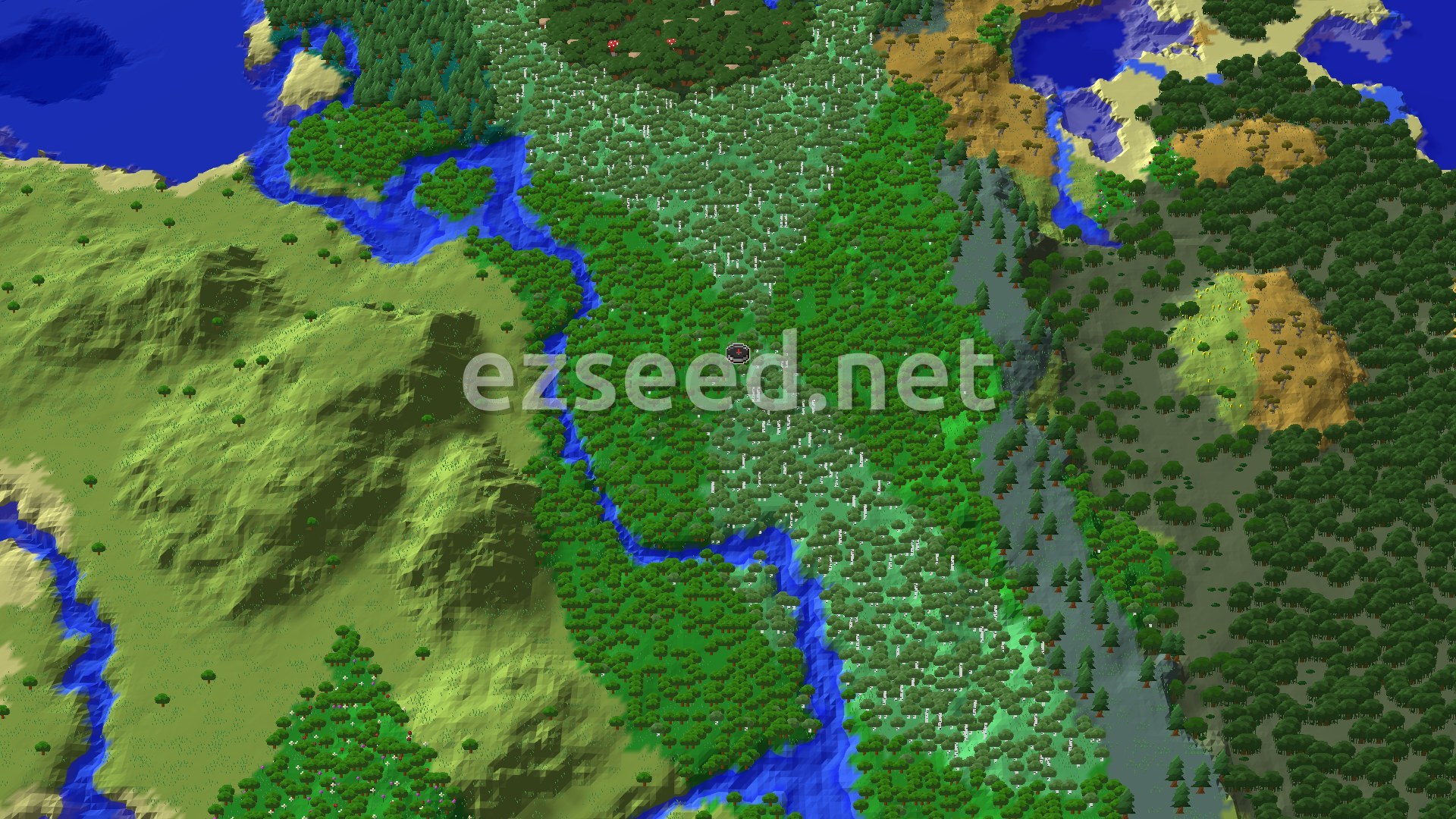 A 3D fly-over of a verdant forested area, with a winding blue river cutting through. Rolling hills and plains are visible, with varying shades of green vegetation and some patches of lighter ground near water.