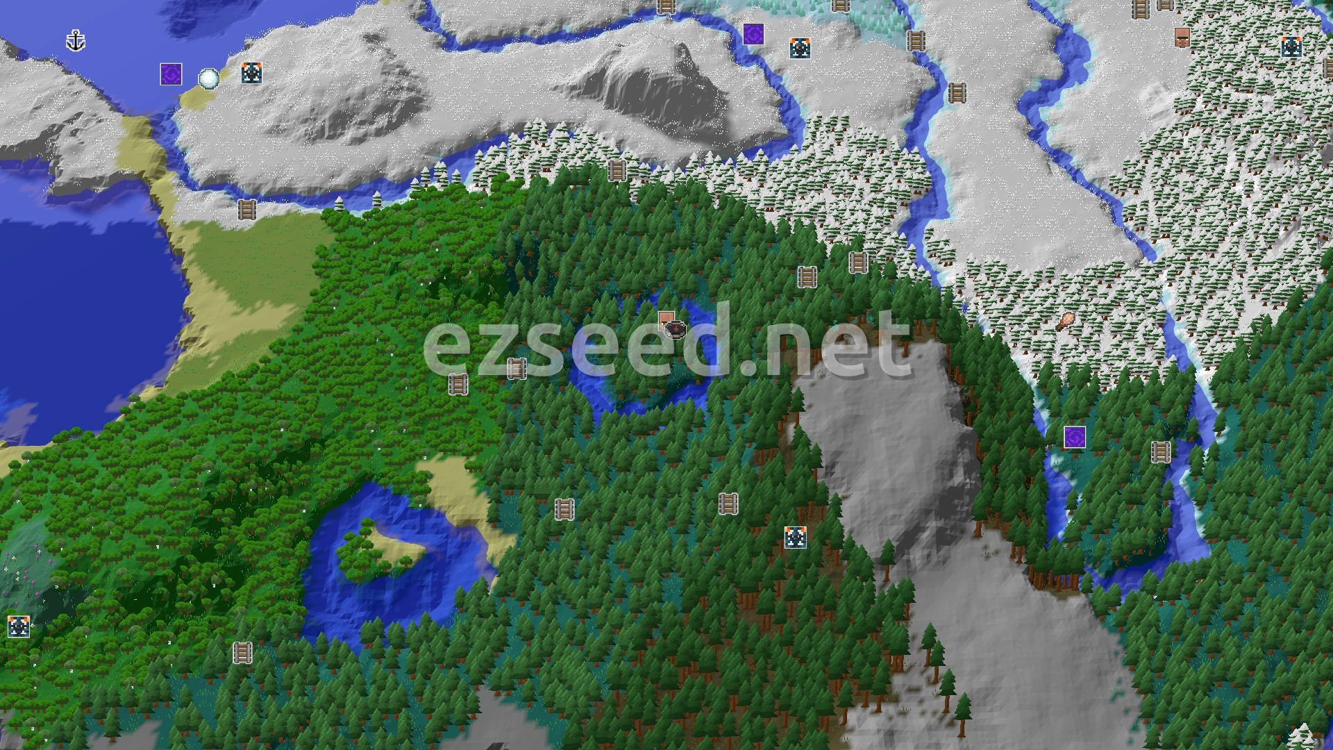 Aerial Minecraft seed map — A Taiga Start with a Village Just Steps Away