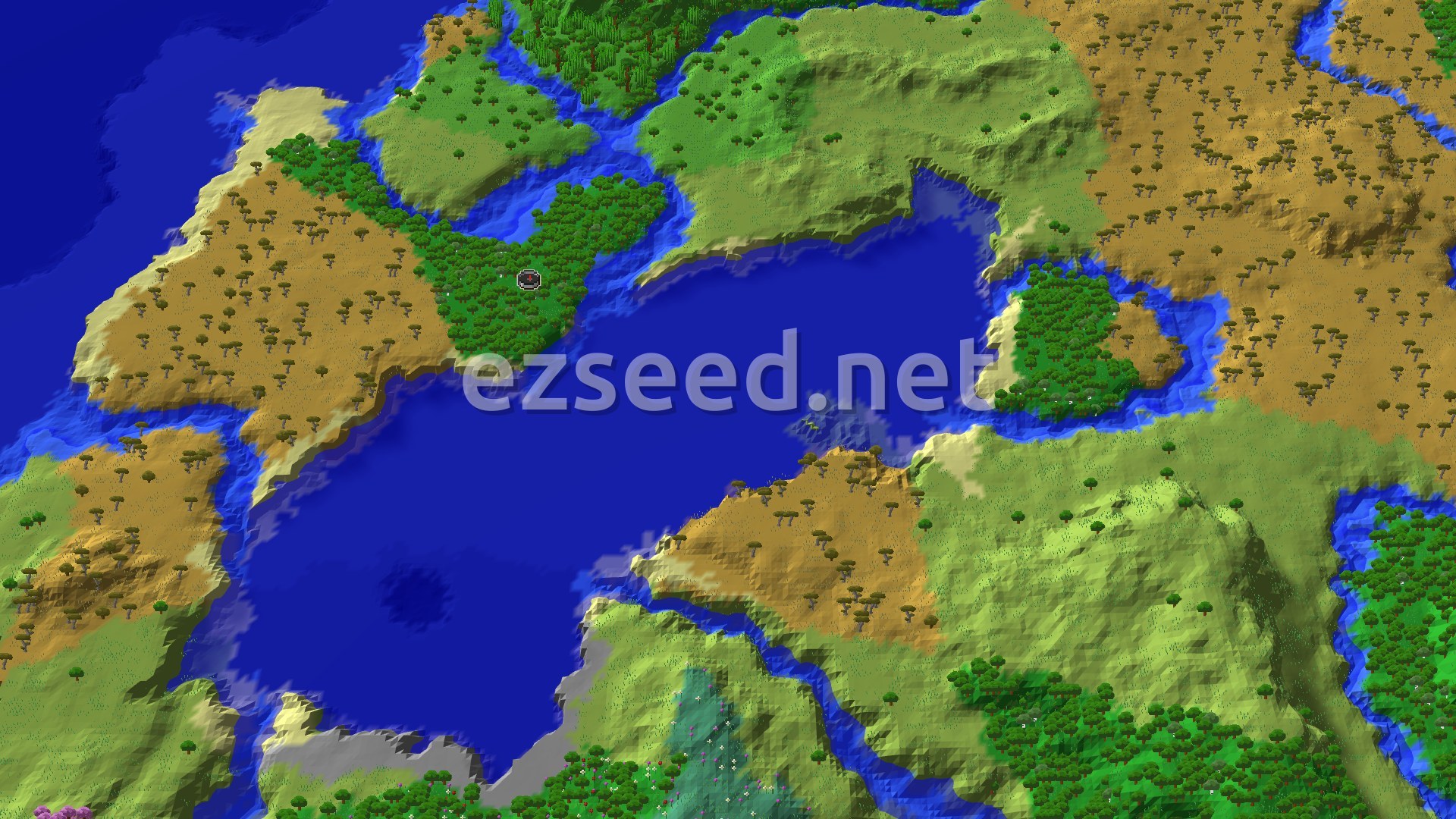 Aerial Minecraft seed map — Forest Spawn with Nearby Savanna and Plains