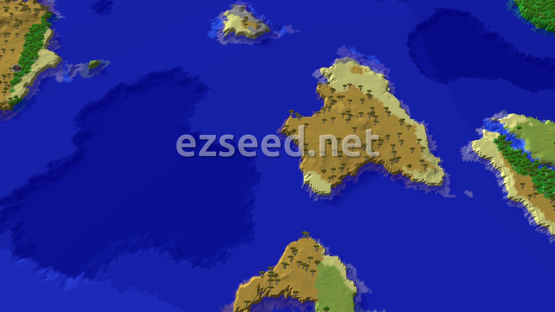 A bird's eye view of a large ocean with scattered islands featuring desert and savanna biomes. The spawn point is marked within a forest area on the largest landmass.