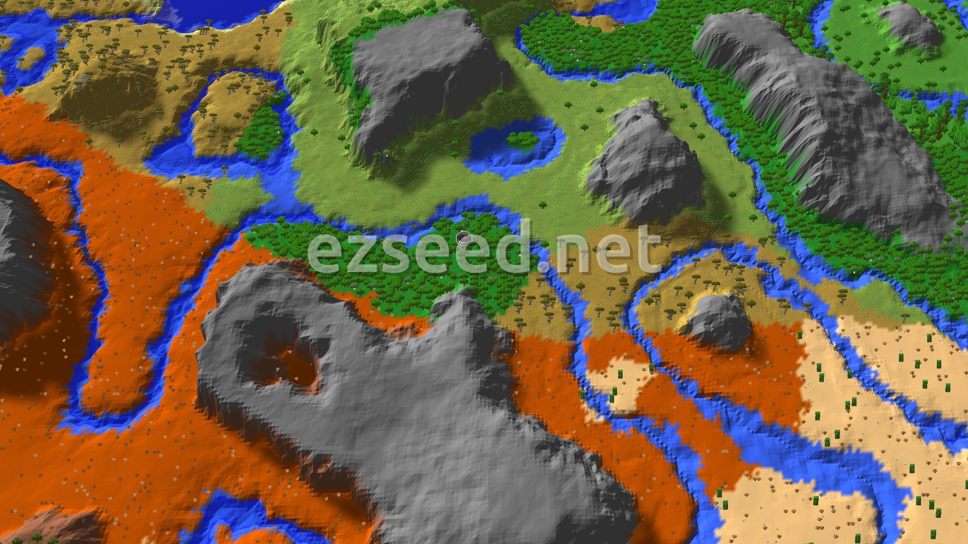 An aerial view of a Minecraft world showing a mix of green forests, orange badlands, tan savannas, and blue rivers winding through the landscape. Gray mountains rise from the varied biomes.