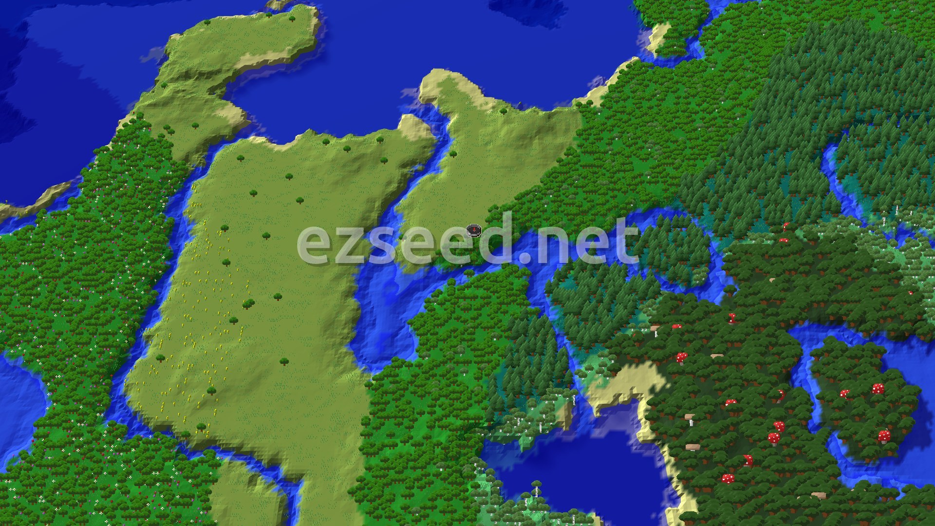 Aerial Minecraft seed map — Woodland Mansion with nearby Trial Chambers