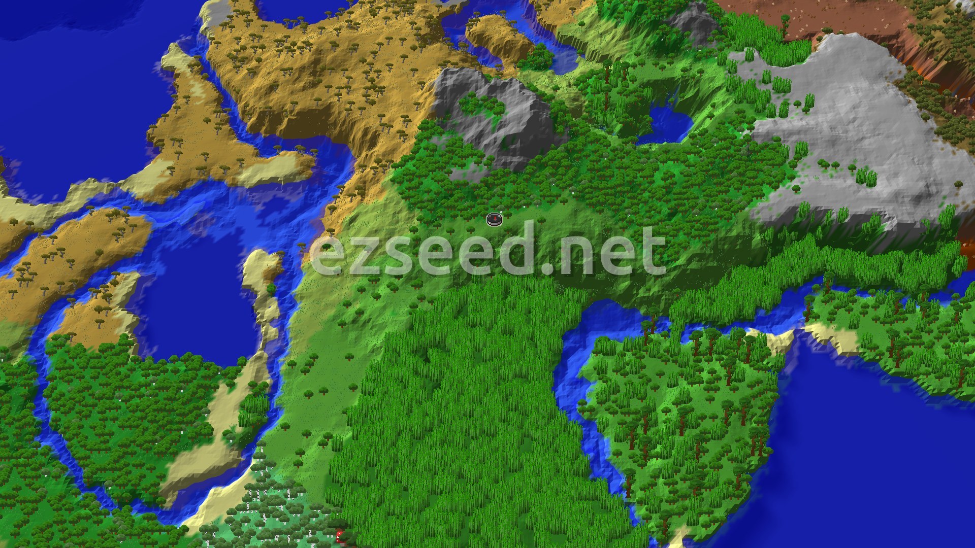 Aerial Minecraft seed map — Jungle Start with Nearby Stony Peaks and Badlands