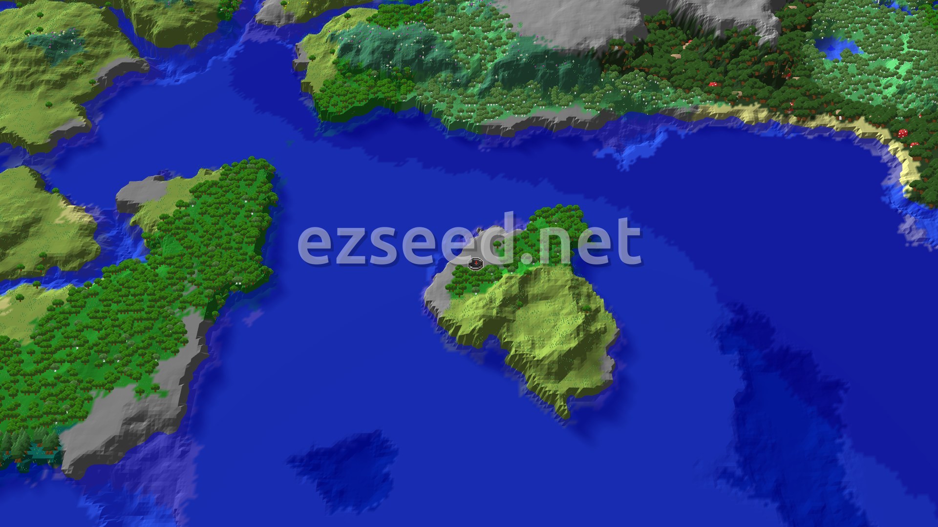 A 3D overhead view of a medium-sized island covered in green trees and some lighter green grassy hills, surrounded by deep blue ocean. A small brown marker indicates the spawn point on the island's northern edge.