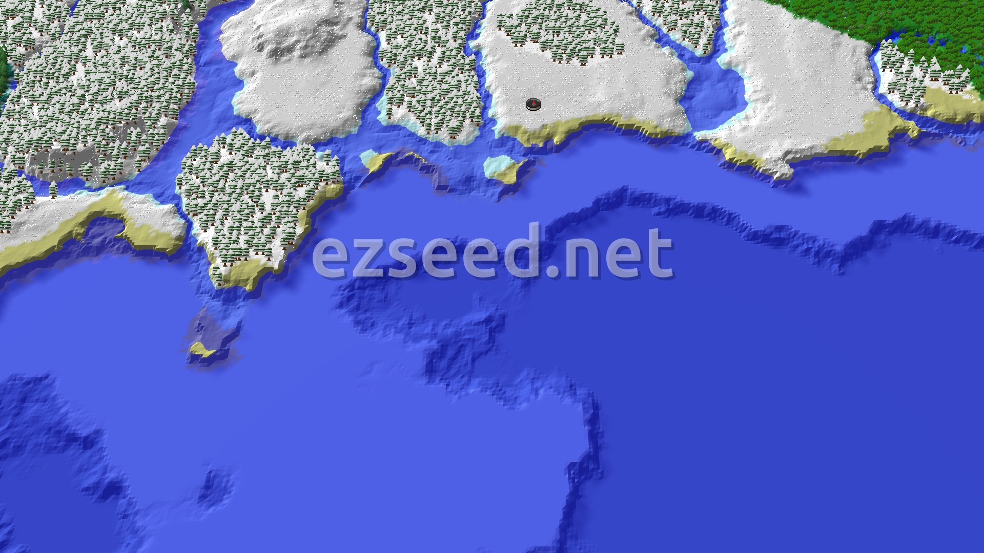 A 3D overhead view of a snow-covered landmass with a dark spawn marker, surrounded by a large frozen ocean.