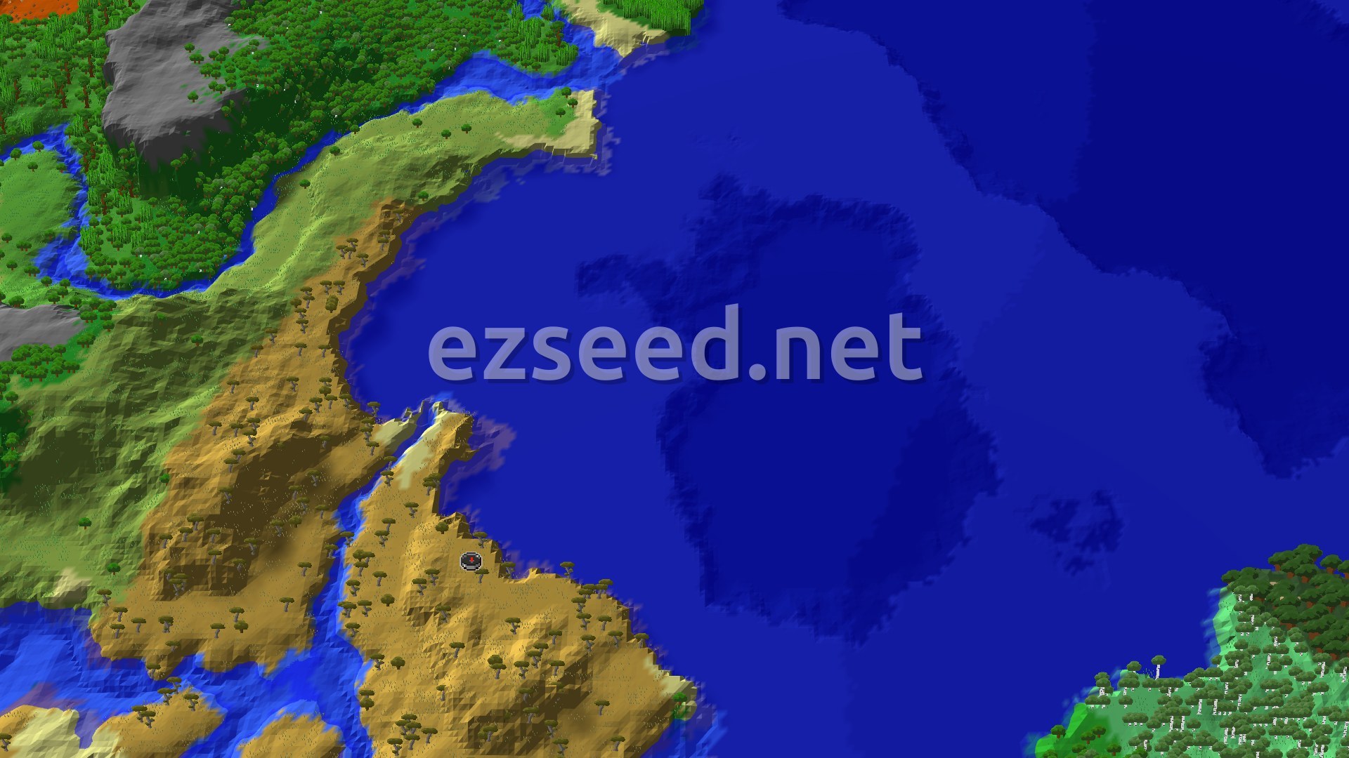 Aerial Minecraft seed map — Savanna Shores: A Coastal Start with Nearby Challenges