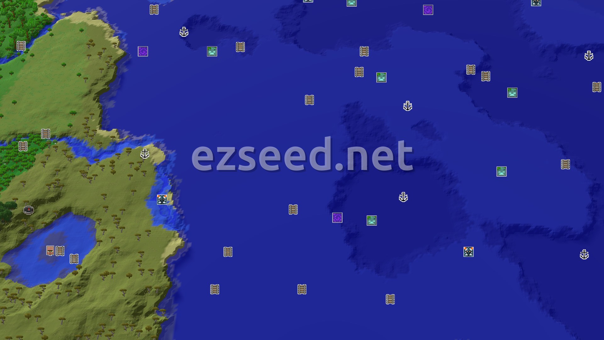 Aerial Minecraft seed map — Savanna Start with Close Structures and Jungle Nearby