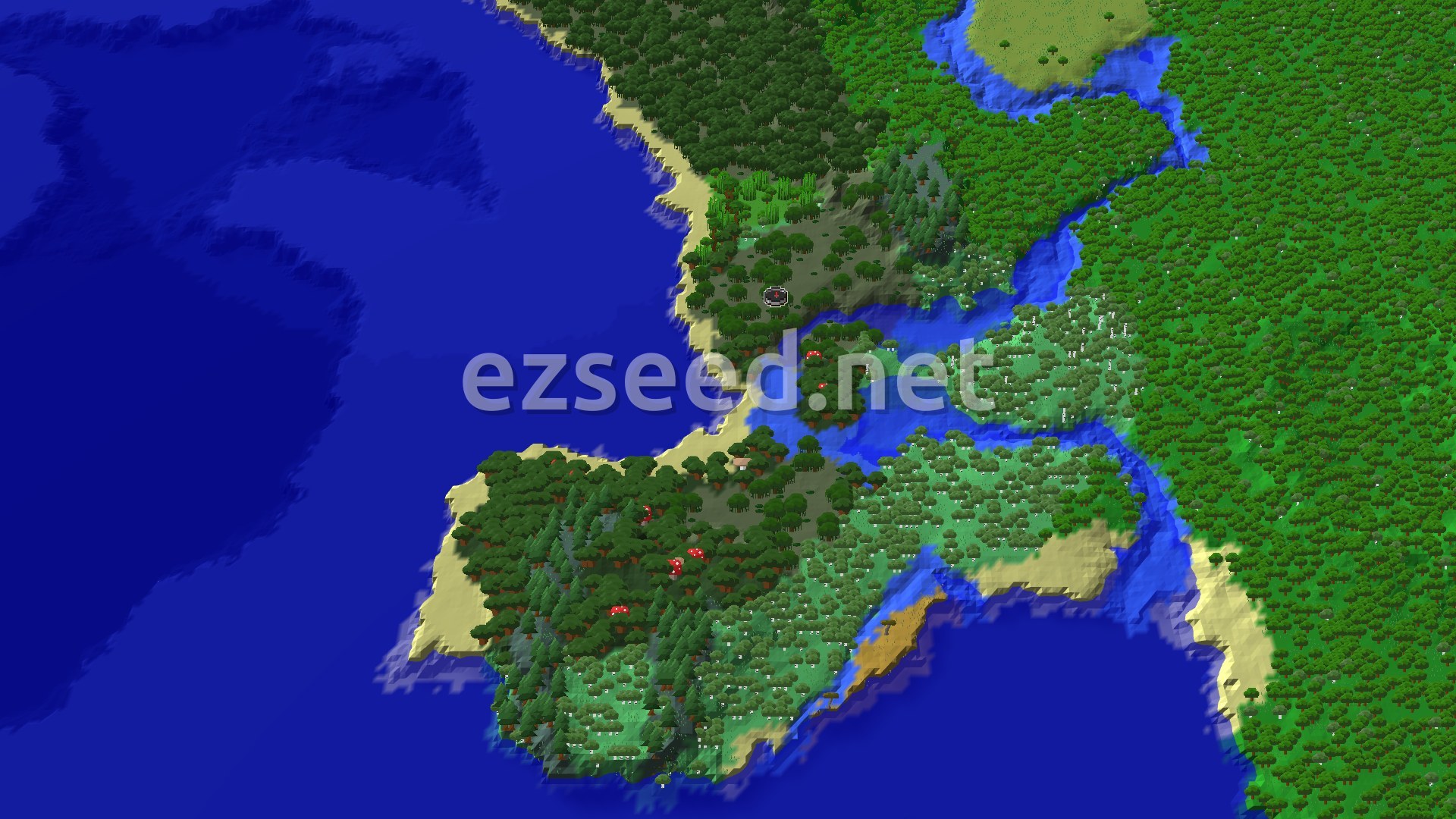 Aerial Minecraft seed map — Mangrove Swamp and Lush Caves Near Spawn