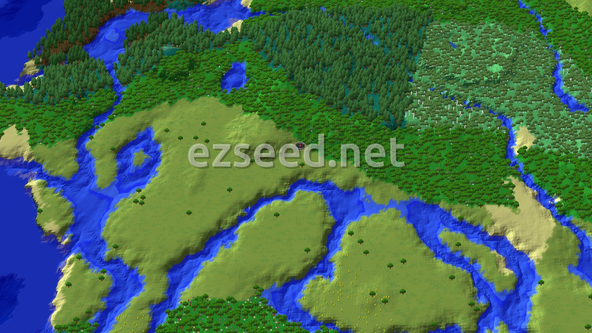Aerial Minecraft seed map — Spawn Near a Village and Trail Ruins