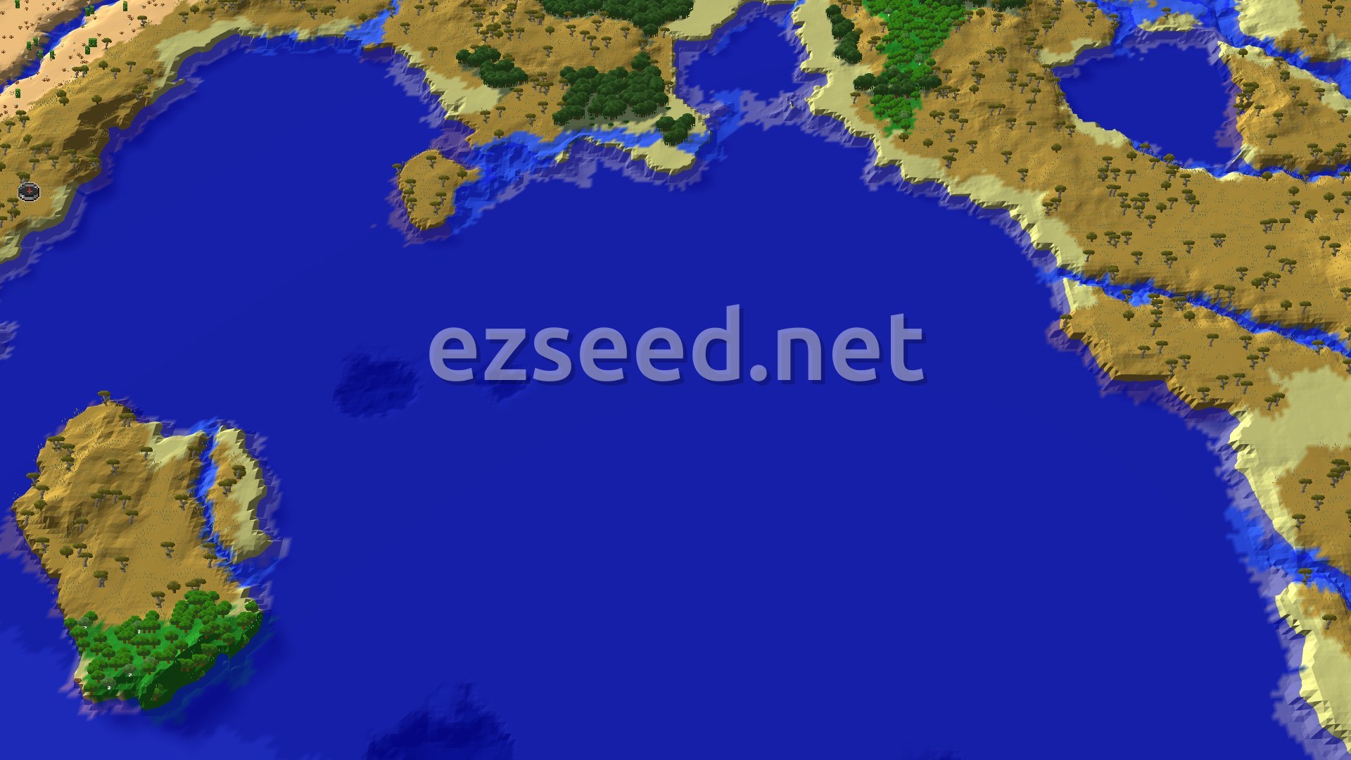 Aerial Minecraft seed map — Savanna Spawn with Desert and Ocean Nearby
