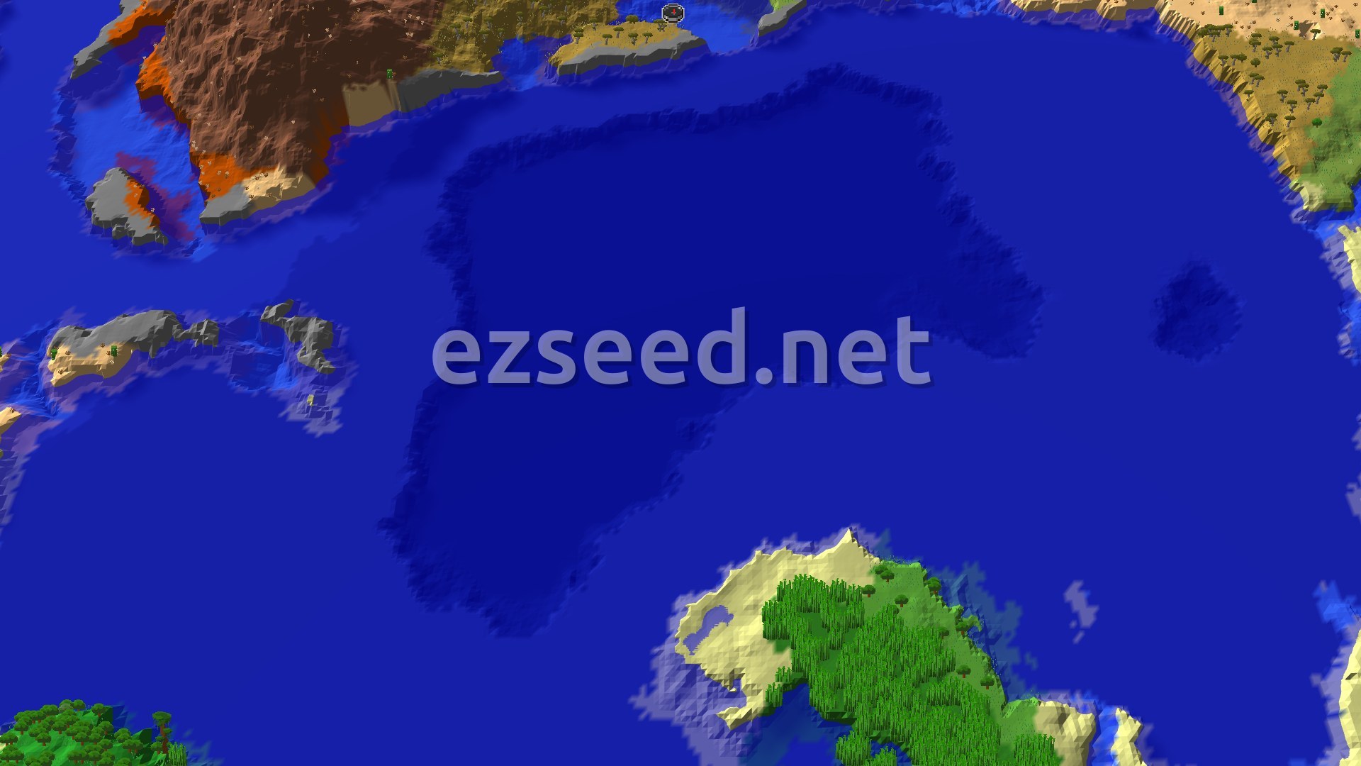 Aerial Minecraft seed map — Savanna Spawn With Nearby Ocean Ruins and Trial Chambers