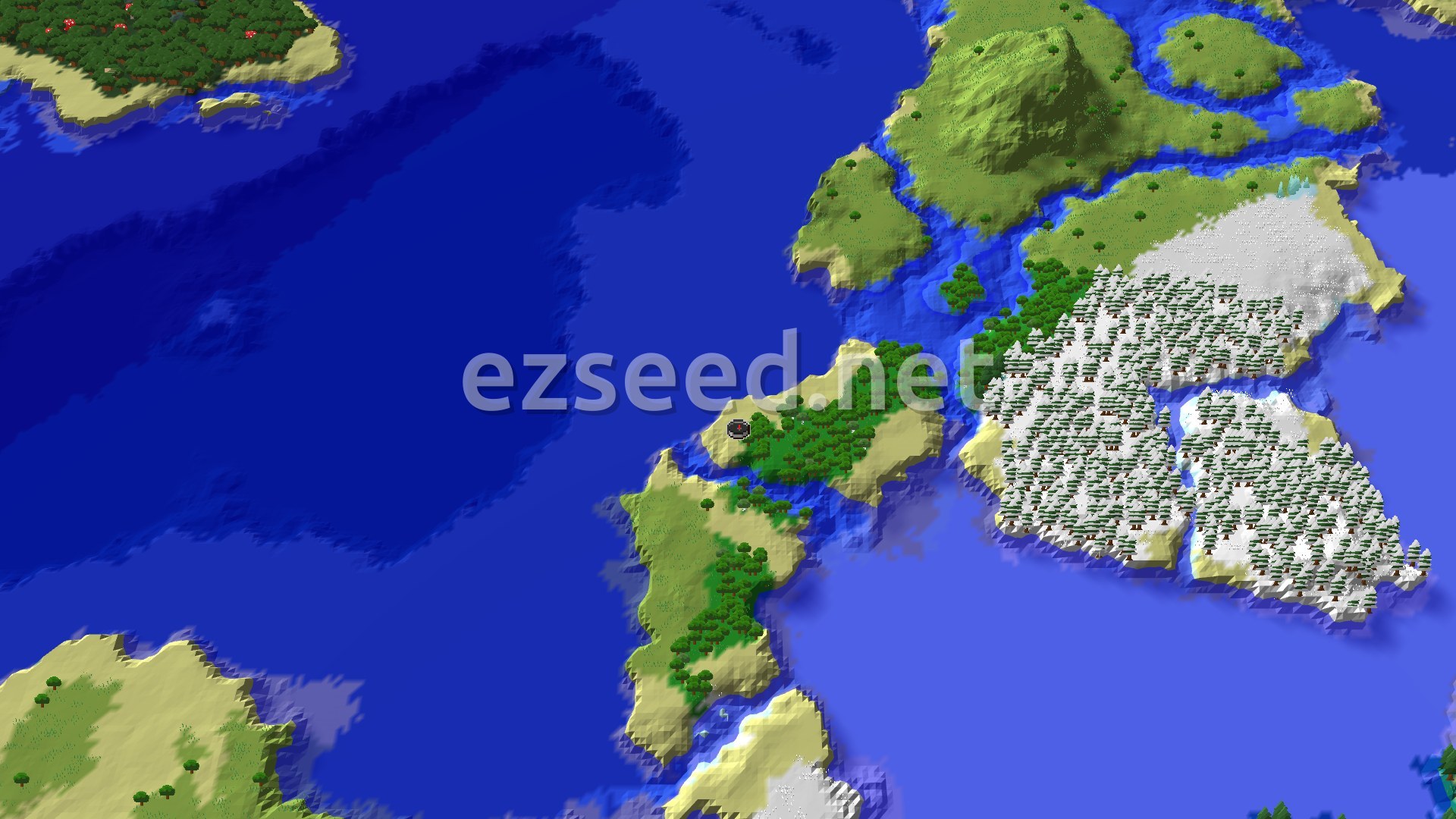 An aerial view of a varied landscape, featuring a large body of blue water surrounding islands and continental landmasses. The islands and coastlines are a mix of green forests, light brown beaches, and snowy white taiga biomes with green trees.
