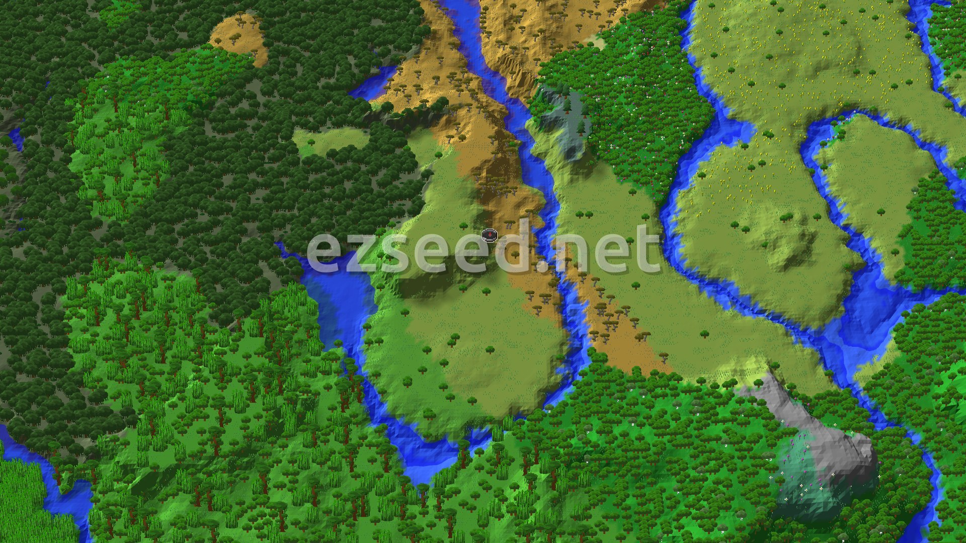 An aerial view shows a sprawling green landscape with a mix of dense forests, open plains, and a savanna biome with small hills, all cut through by winding blue rivers. A small marker indicates the spawn point in the center of a plains biome.