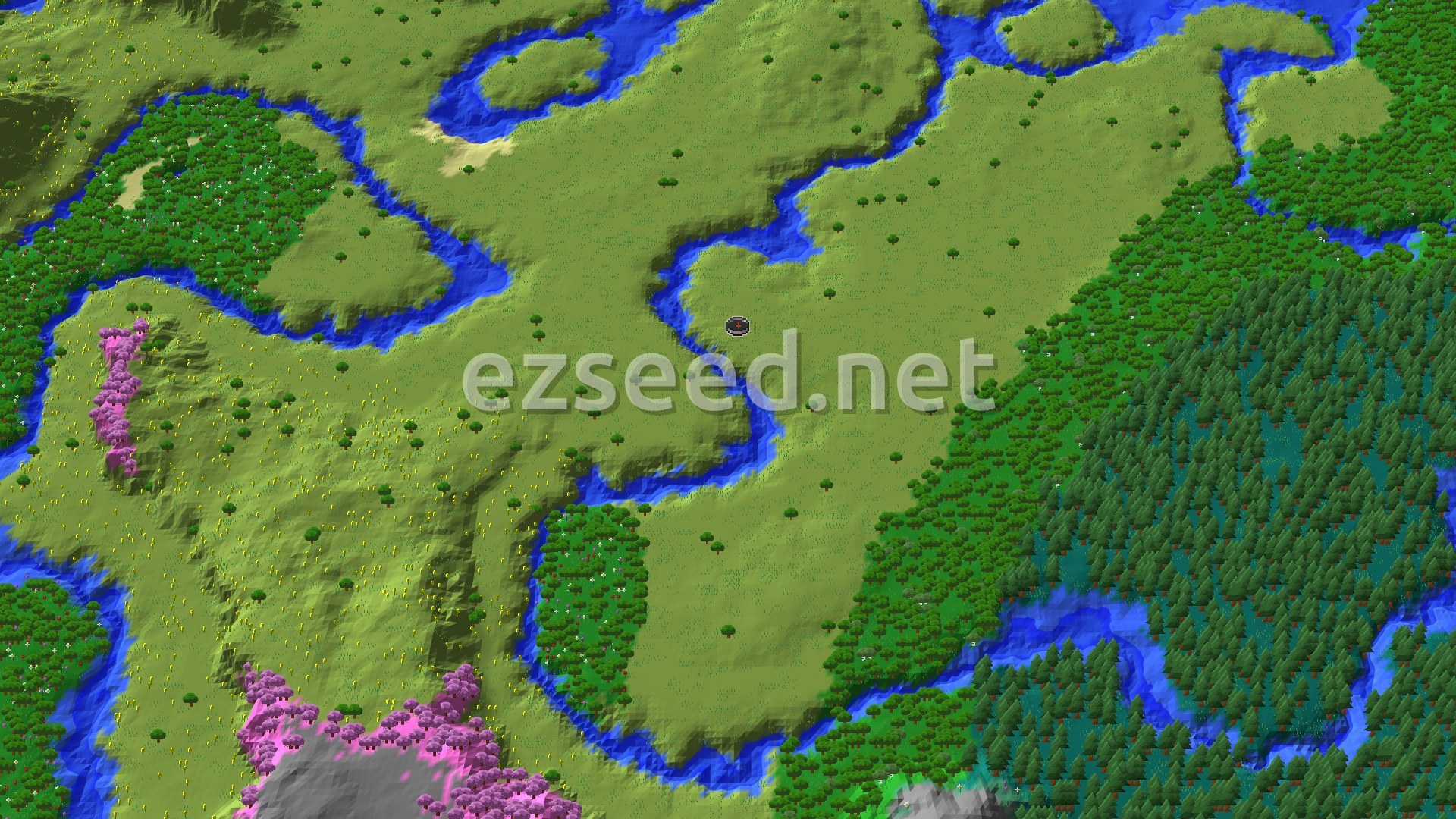 Aerial Minecraft seed map — Spawn in Plains with a nearby Flower Forest and Cherry Grove
