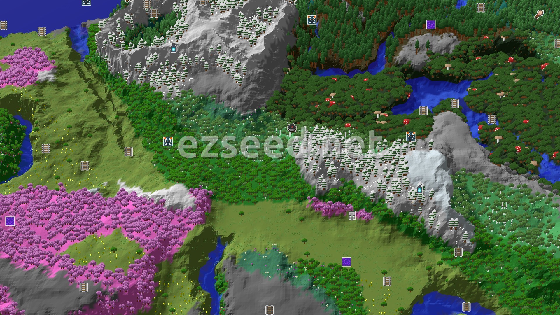 Aerial Minecraft seed map — Spawn in Birch, Explore Nearby Cherry Groves and Peaks
