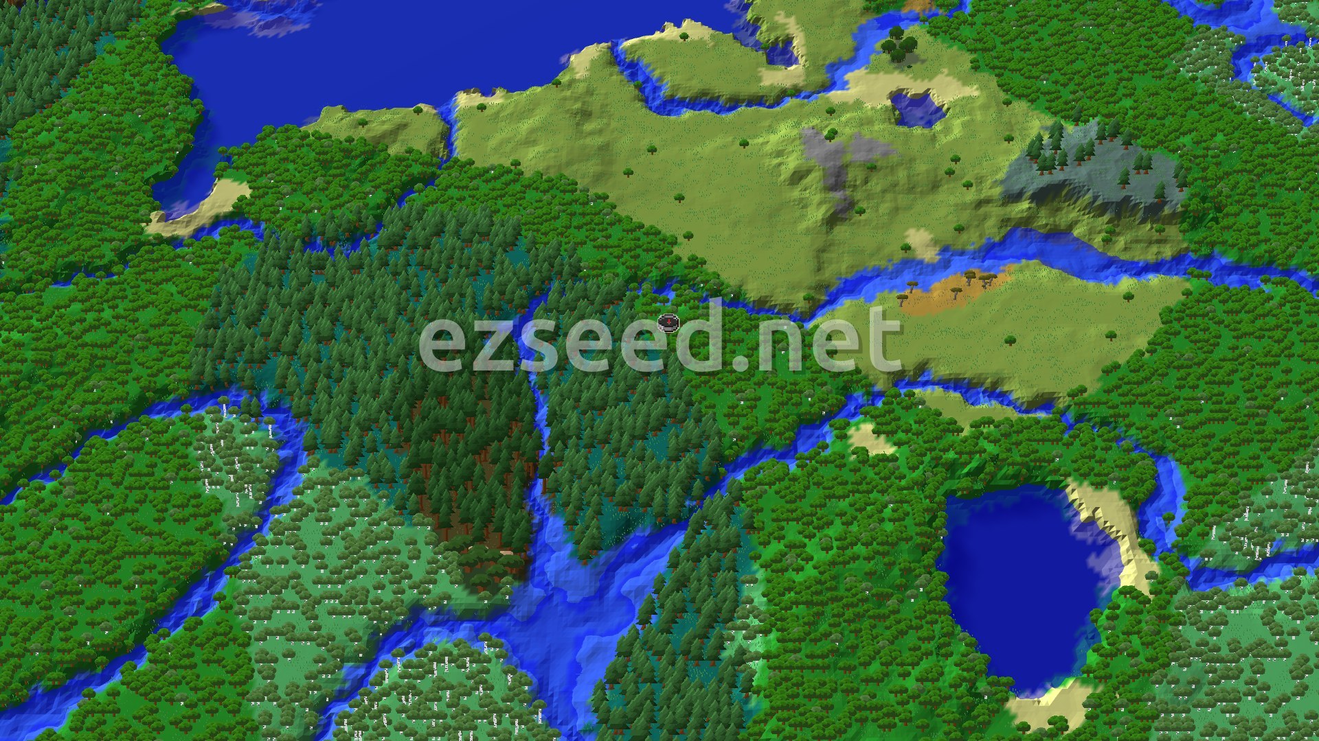 Aerial Minecraft seed map — Forest and Taiga with Nearby Trail Ruins