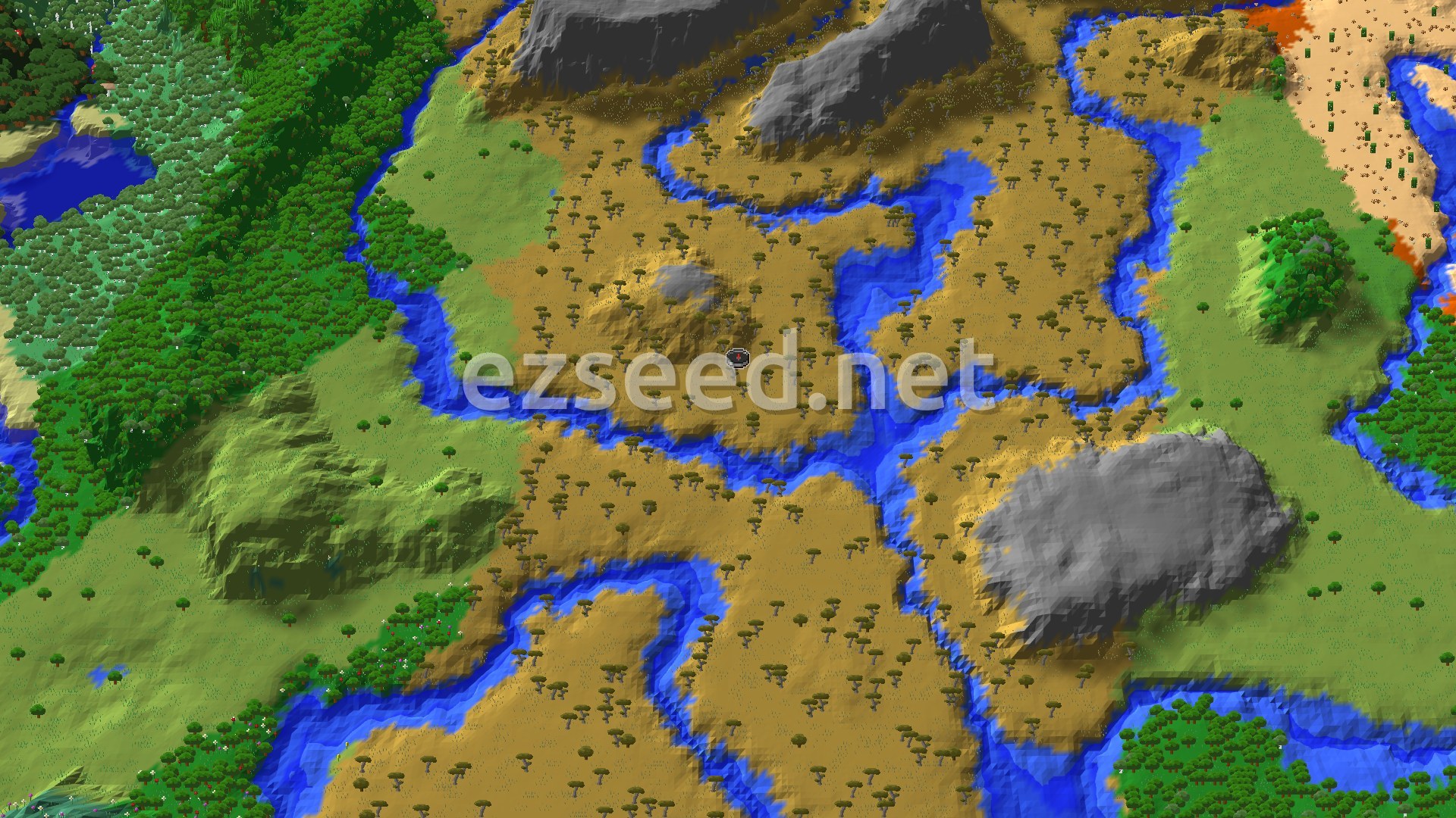 A bird's eye view of a savanna biome with scattered acacia trees, bordered by a winding river and a denser forest. A small spawn marker is visible near the center.