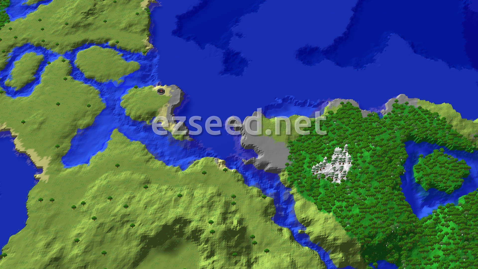 Aerial Minecraft seed map — A Shoreline Start with Nearby Trials and a Village