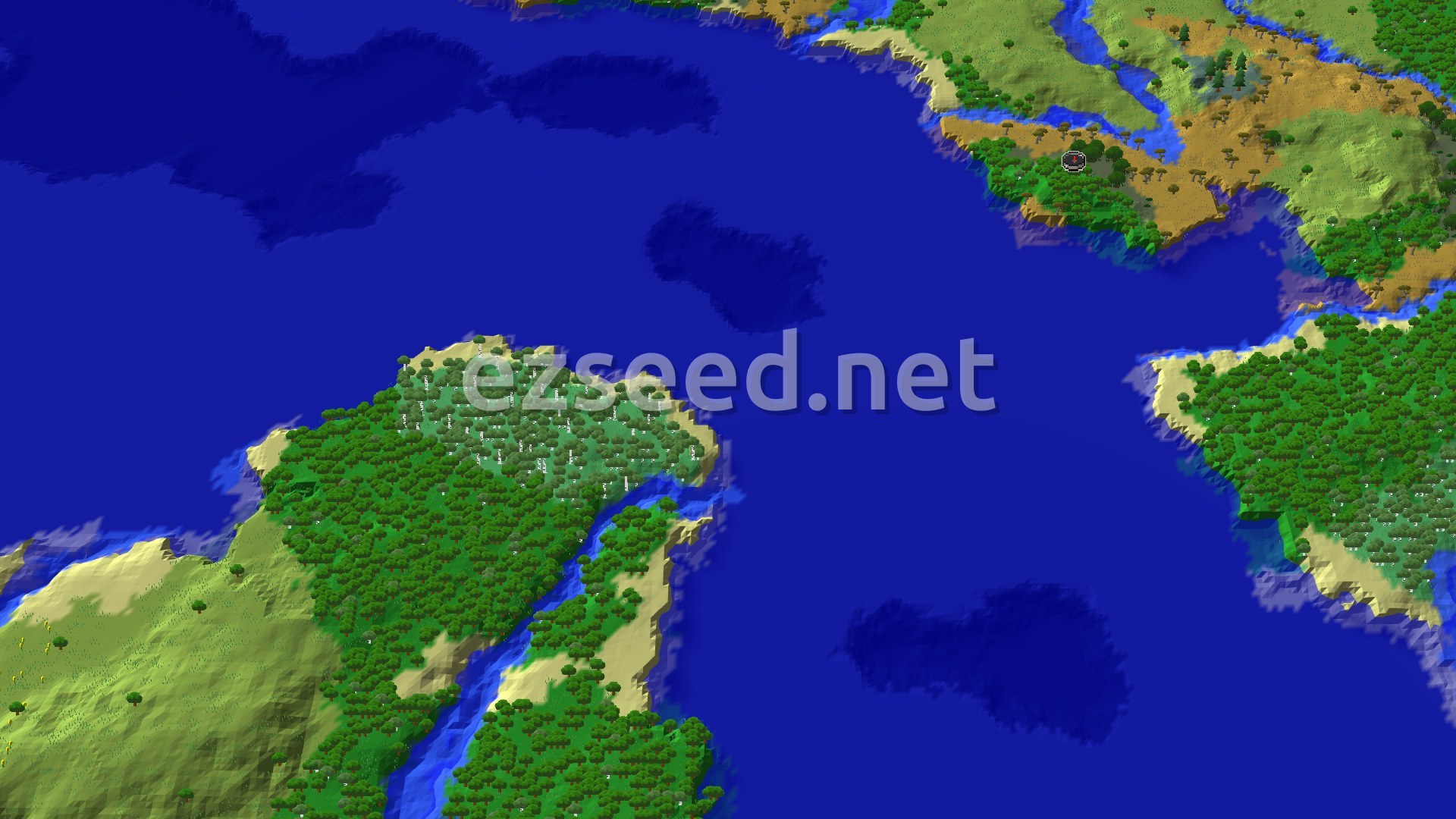 An overhead 3D view of a varied landscape, showing a large body of water, green forests, and some sandy and more arid biomes, with a small marker indicating the spawn point in a forest.