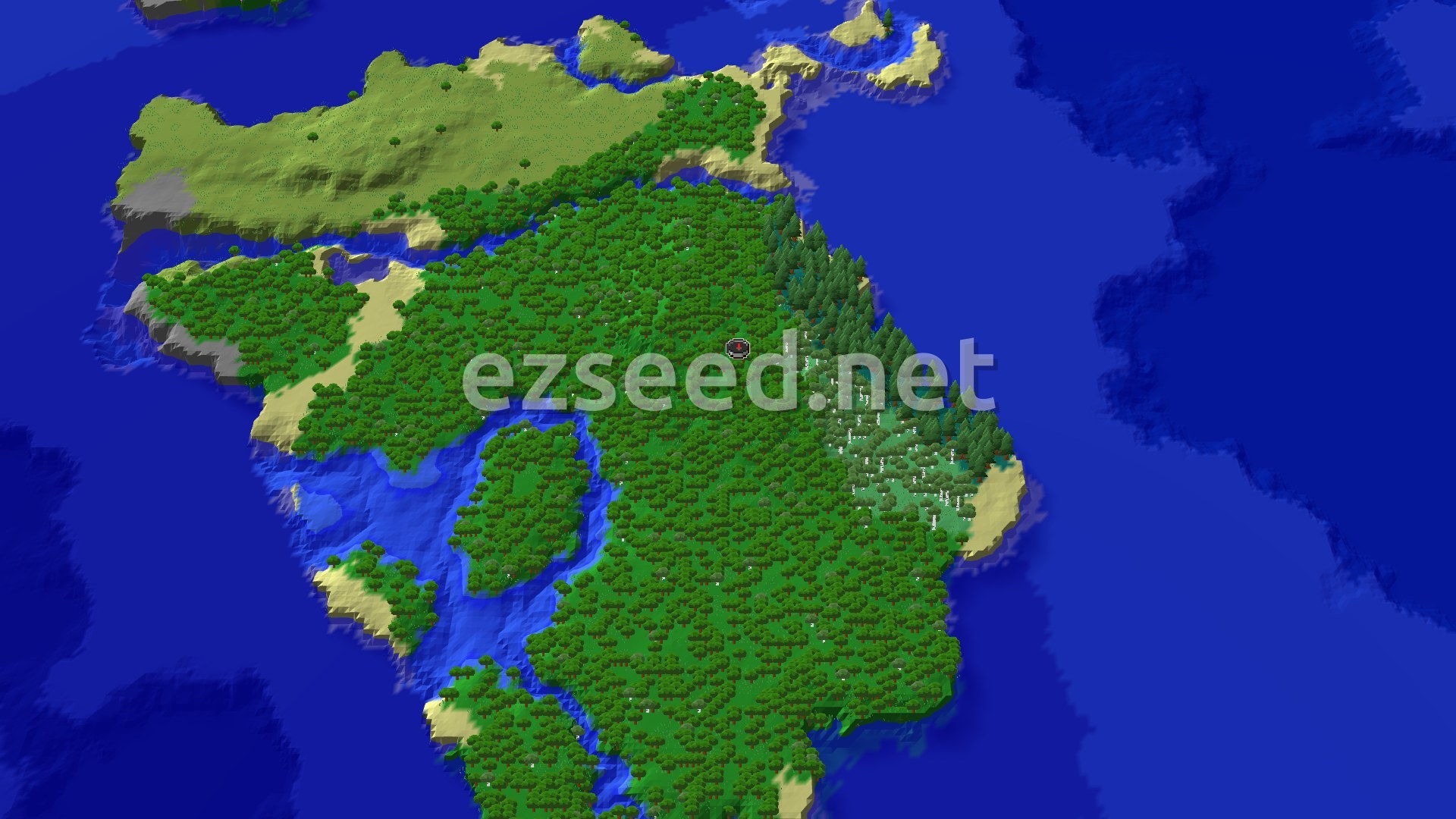 Aerial Minecraft seed map — Forest Spawn with Nearby Trials and Distant Ancient City