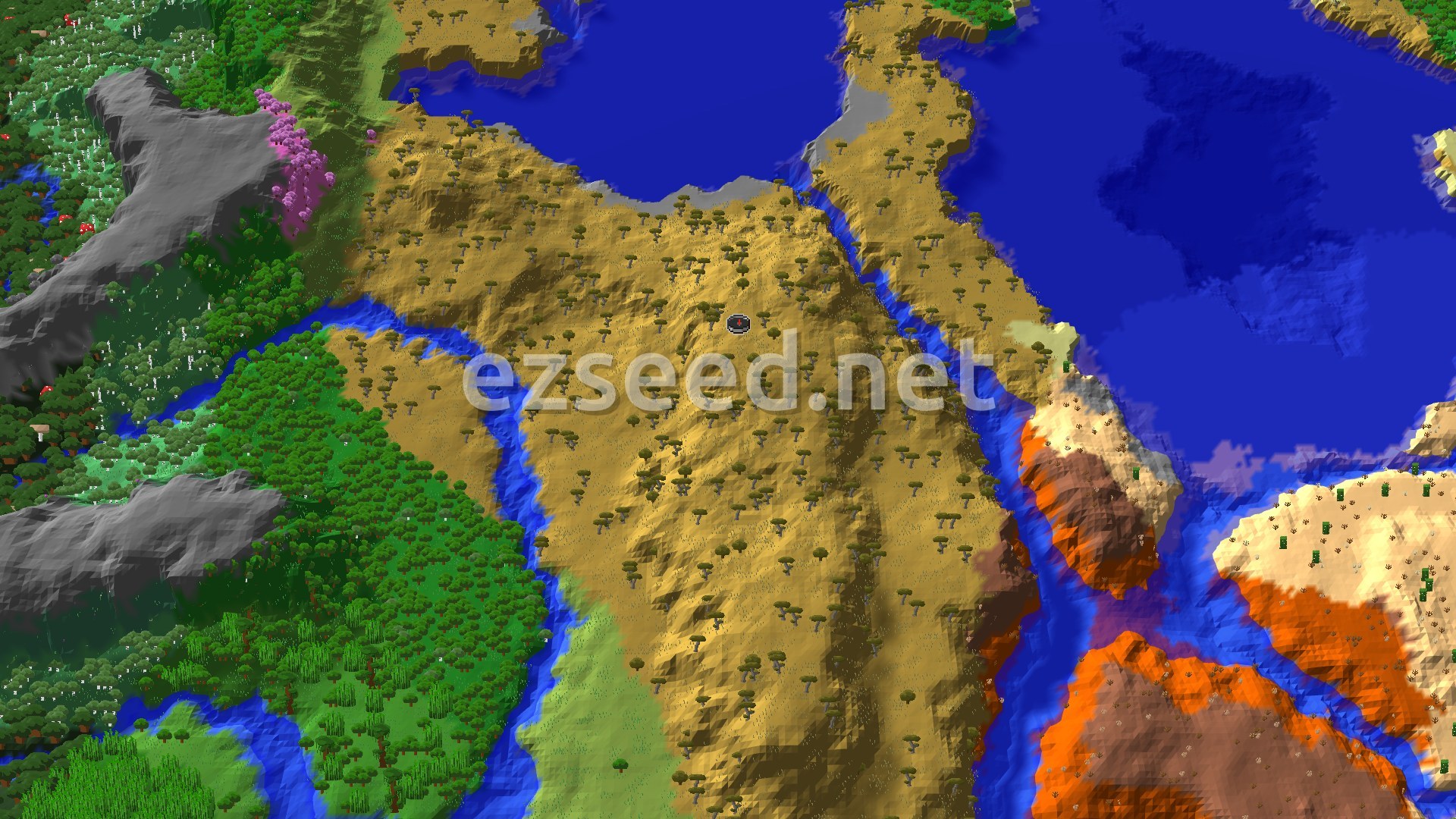 Aerial Minecraft seed map — Savanna Plateau with Eroded Badlands Nearby
