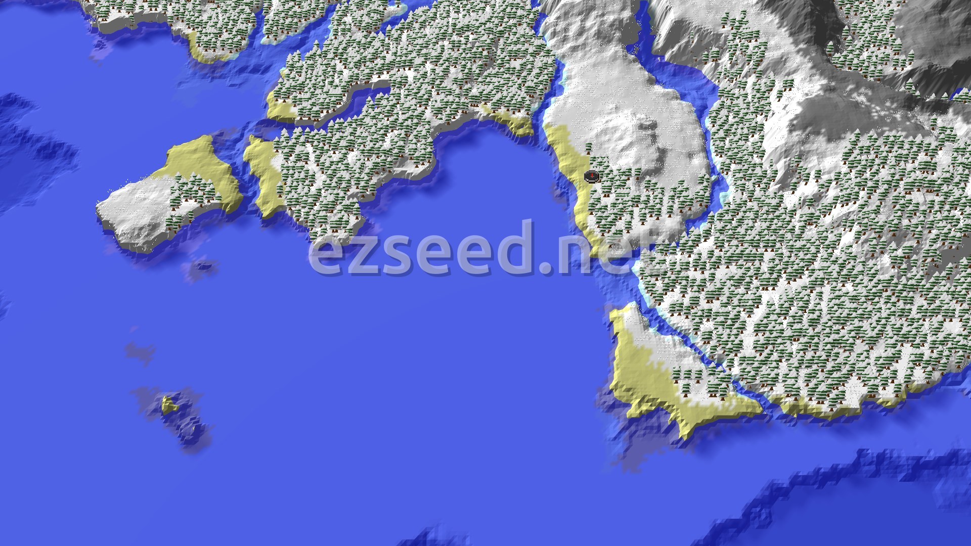 Aerial Minecraft seed map — Frozen Ocean and Snowy Peaks Near Spawn