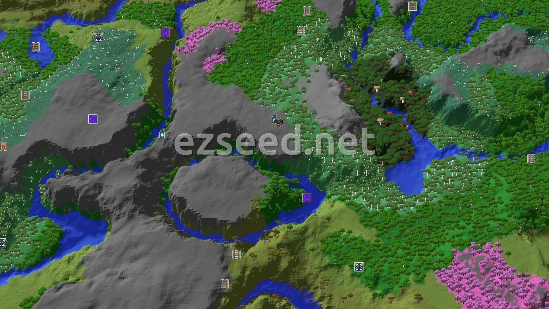 Aerial Minecraft seed map — Ancient City at Spawn in a Forested Landscape