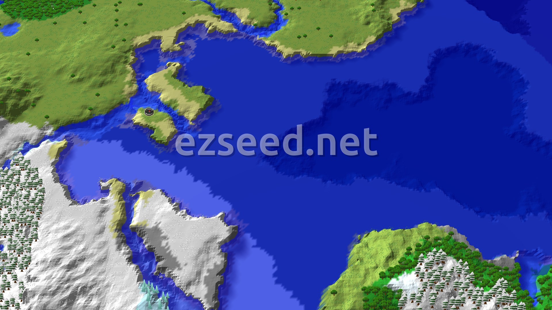 An overhead map view showing a green plains island at the center, surrounded by vast blue ocean. To the south, a large snowy landmass with white mountains and green taiga forests.