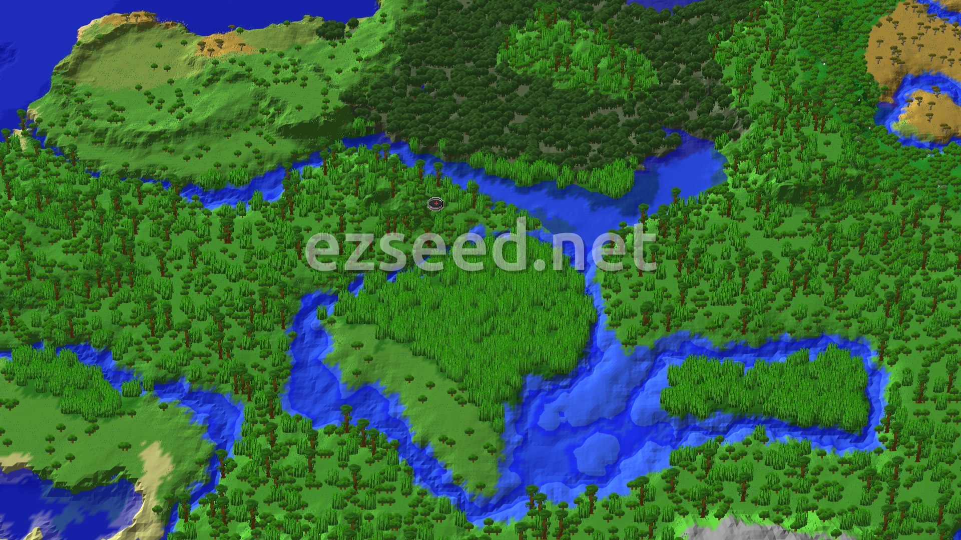 A bird's-eye view of a dense green jungle landscape, with several winding rivers and lakes of blue water cutting through it. A small marker indicates the spawn point near the center.