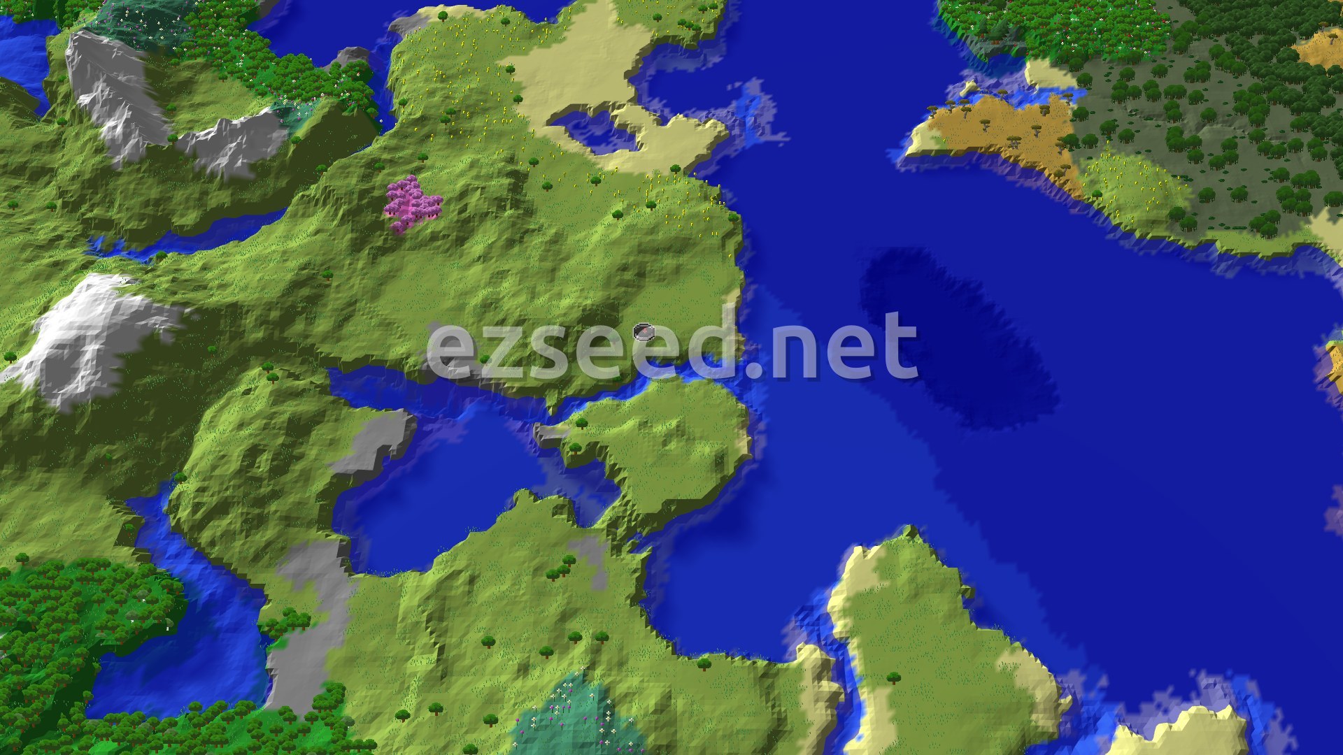 An aerial view of a varied landscape, showing plains, forests, rivers, oceans, and distant snowy peaks, with a pink cherry grove nestled among green hills.