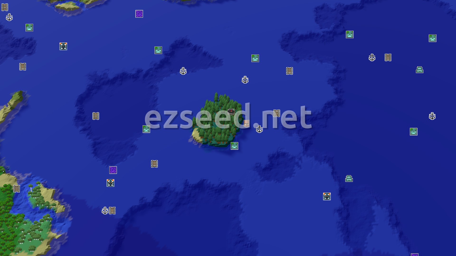 Aerial Minecraft seed map — A Taiga Island Start with Nearby Ocean Adventures