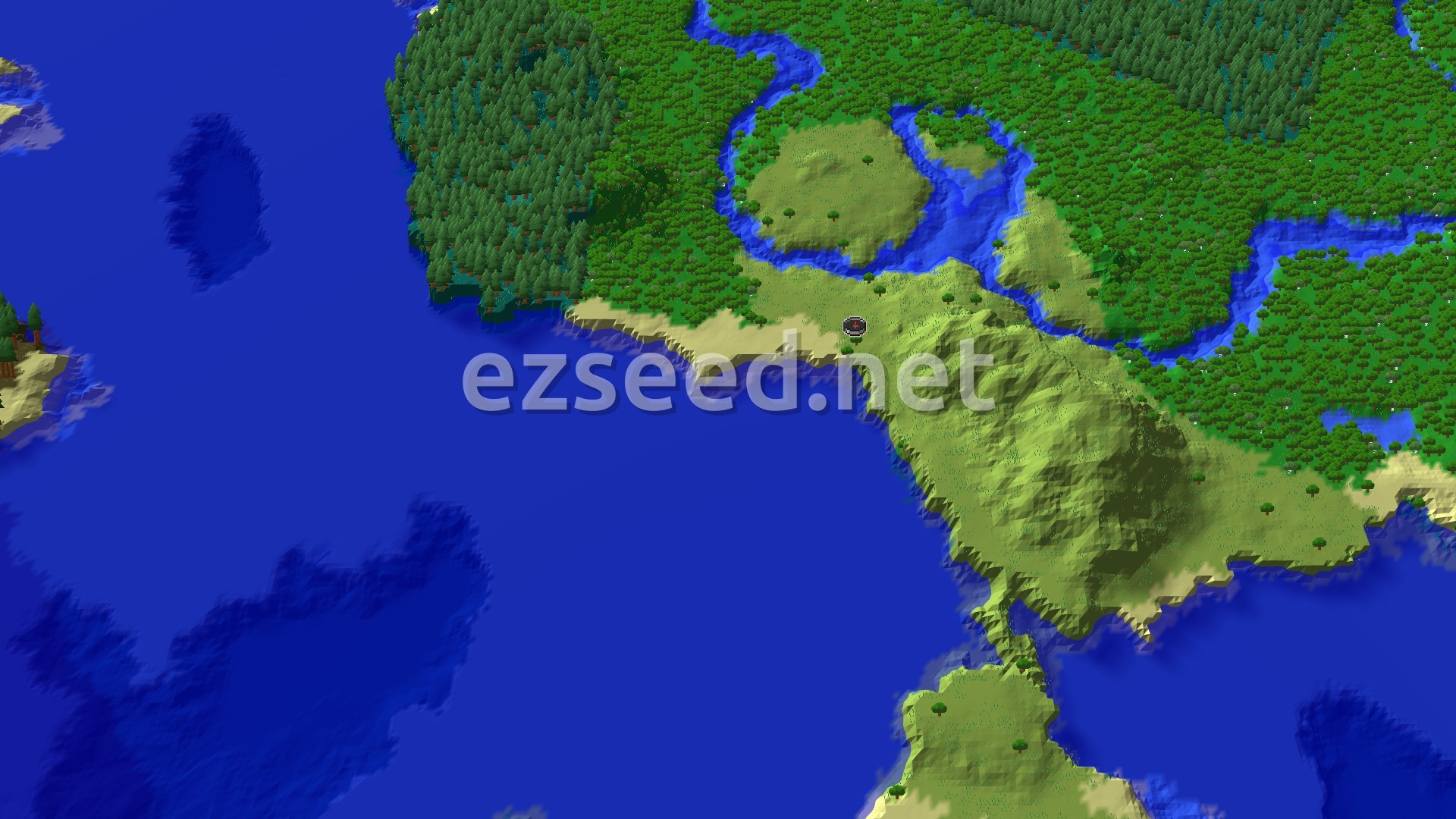 Aerial Minecraft seed map — A Coastal Start with a Distant Ancient City
