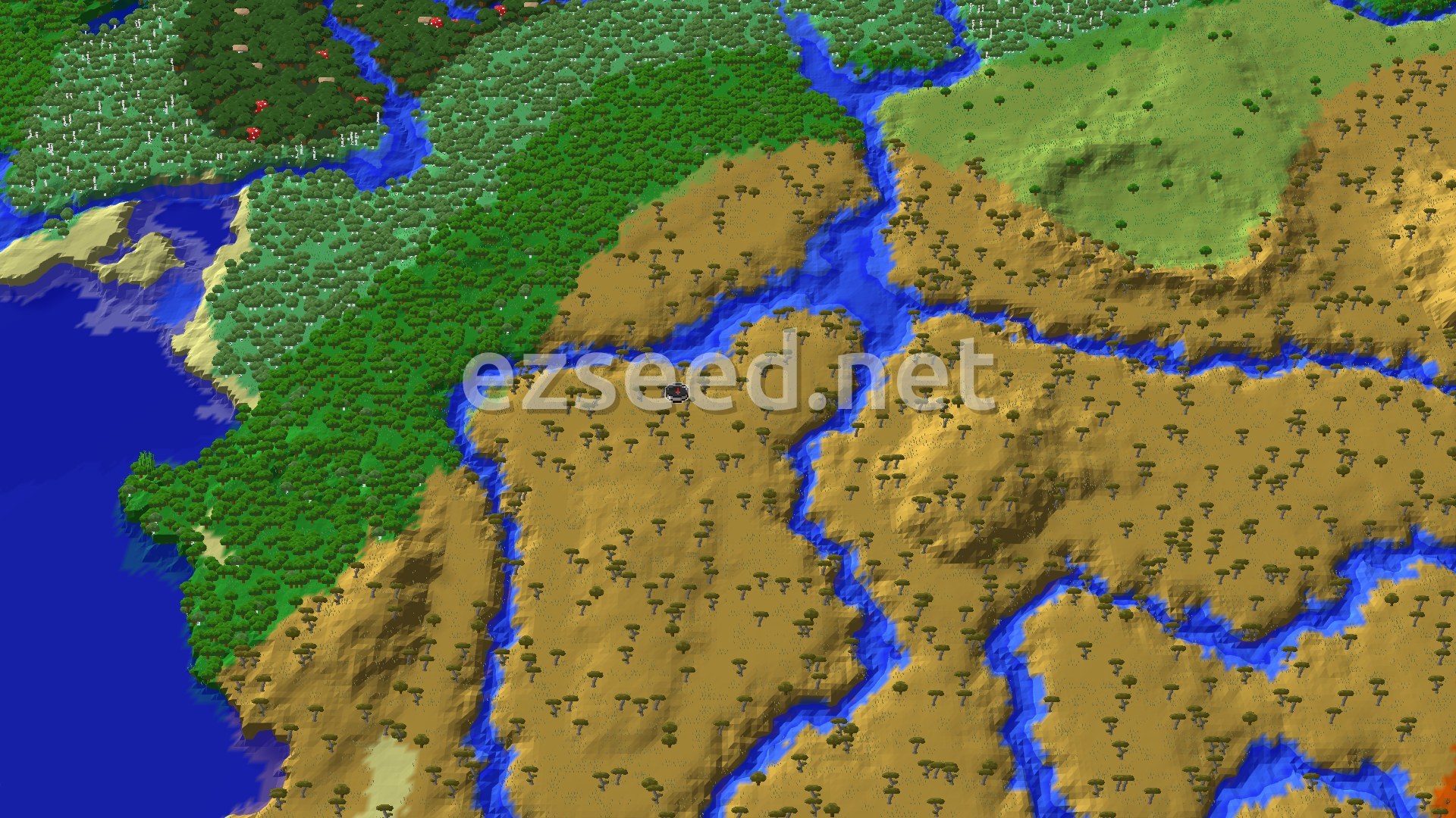 Aerial Minecraft seed map — Savanna Start with a Close Village and Lush Caves