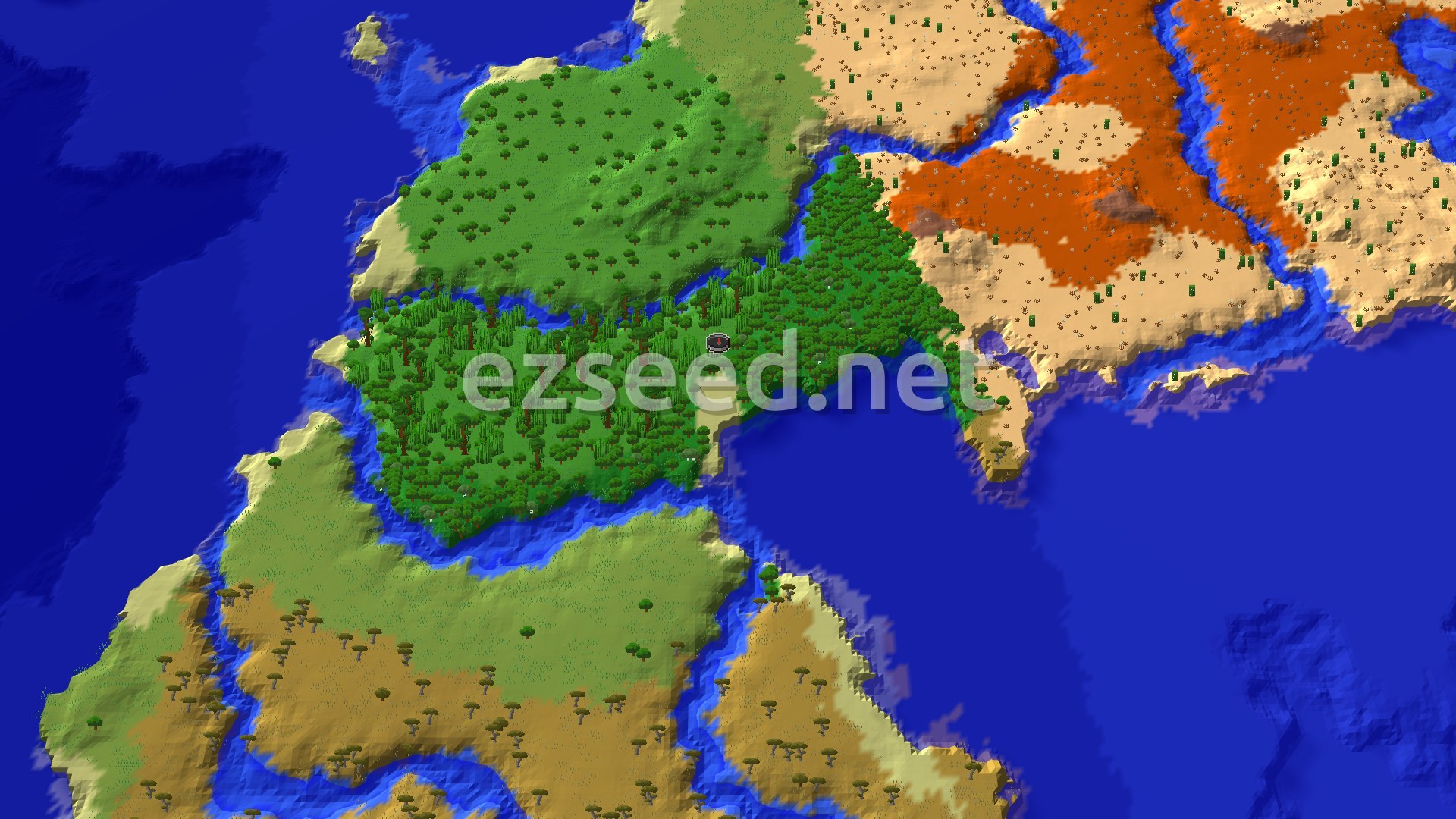 Aerial Minecraft seed map — Jungle Spawn with Nearby Trail Ruins and Desert