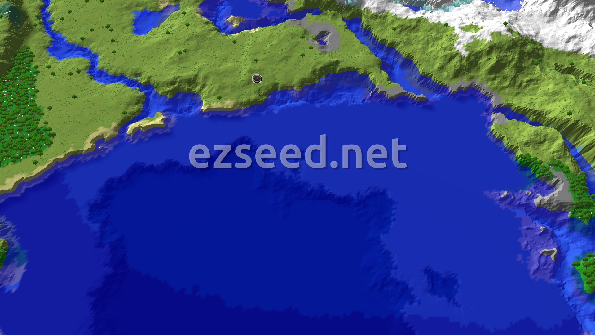 A 3D overhead view of a green, hilly landscape with a large body of deep blue ocean. A river winds through the land, and snowy peaks are visible in the distance to the east.
