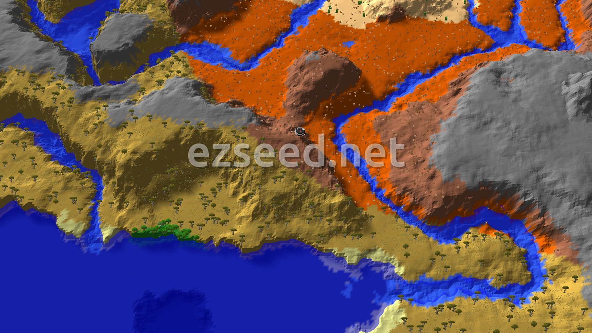 Aerial Minecraft seed map — Badlands Spawn with a Nearby Ancient City and Desert