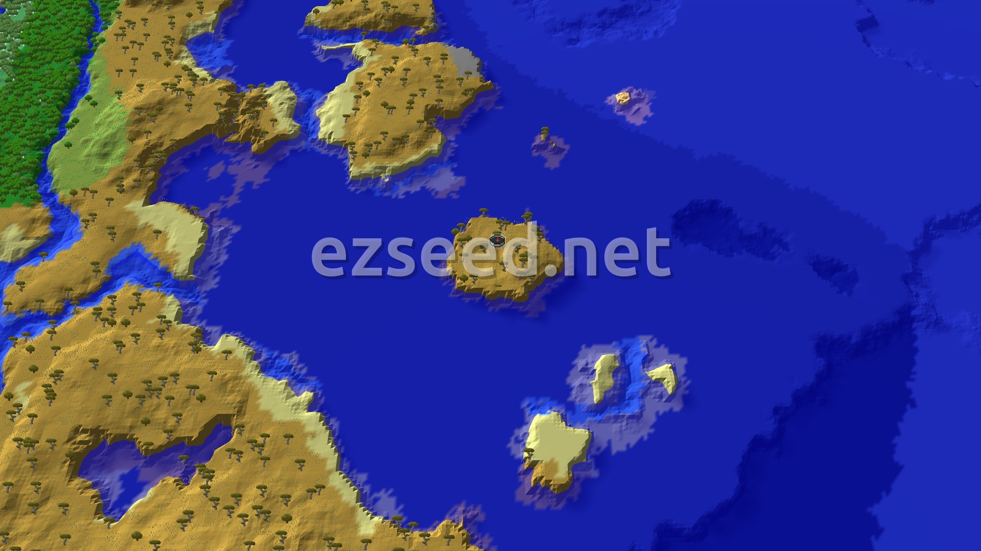 Aerial Minecraft seed map — Savanna Spawn Surrounded by Oceans