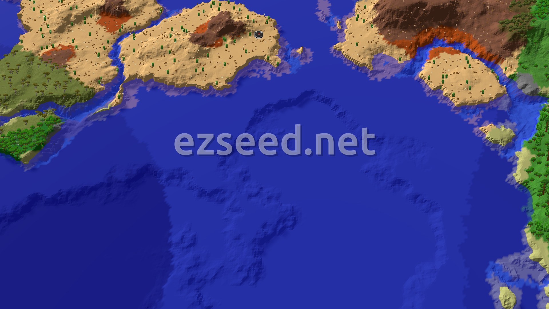 A bird's eye view of desert and badlands islands, surrounded by warm ocean. A river cuts through one of the desert landmasses, and patches of savanna and forest are visible further out.
