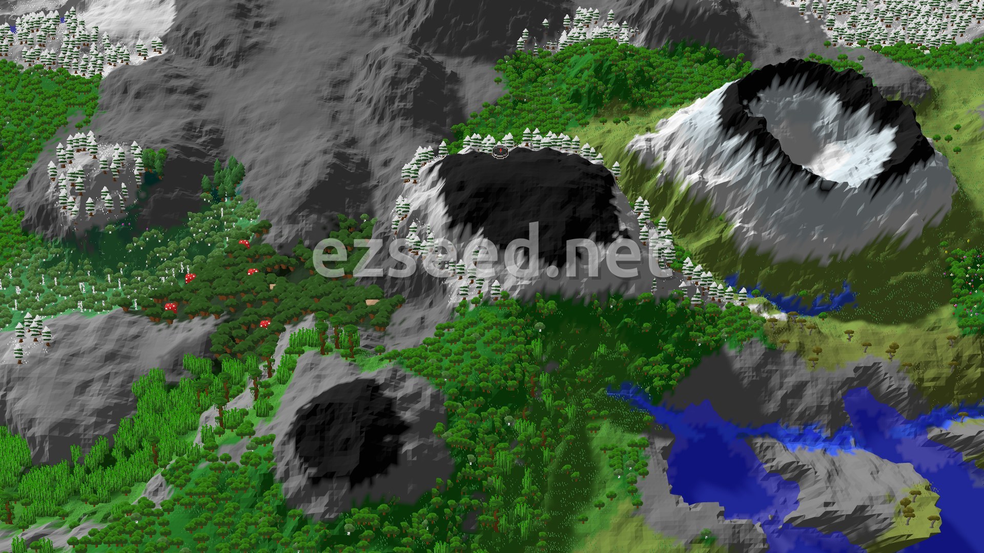 Aerial Minecraft seed map — Spawn in Jagged Peaks with an Ancient City Nearby