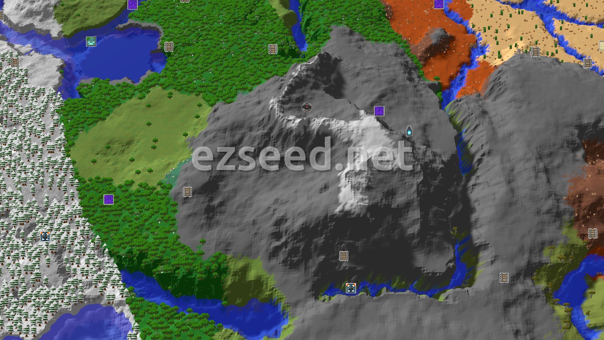 Aerial Minecraft seed map — Spawn in Peaks, Explore Near an Ancient City