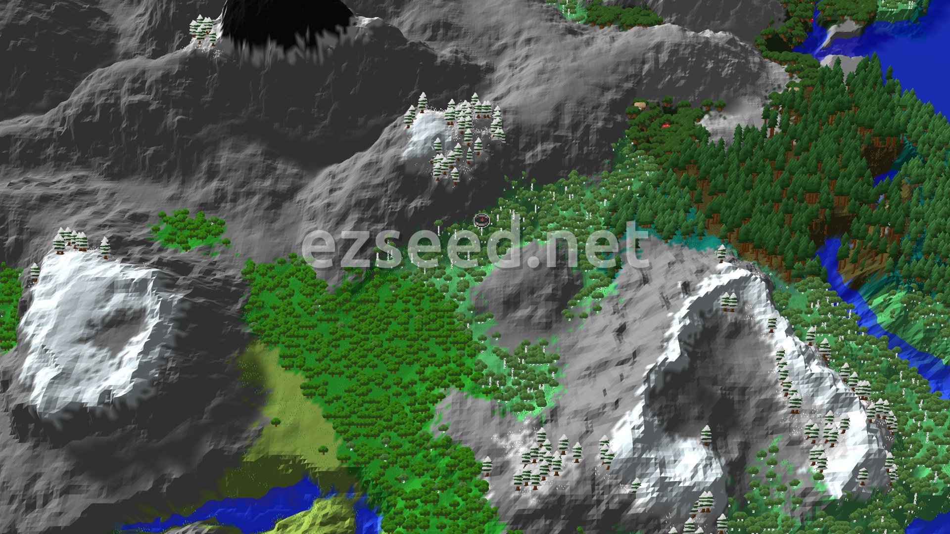 Aerial Minecraft seed map — Spawn in a Birch Forest, near a Frozen Mountain Range