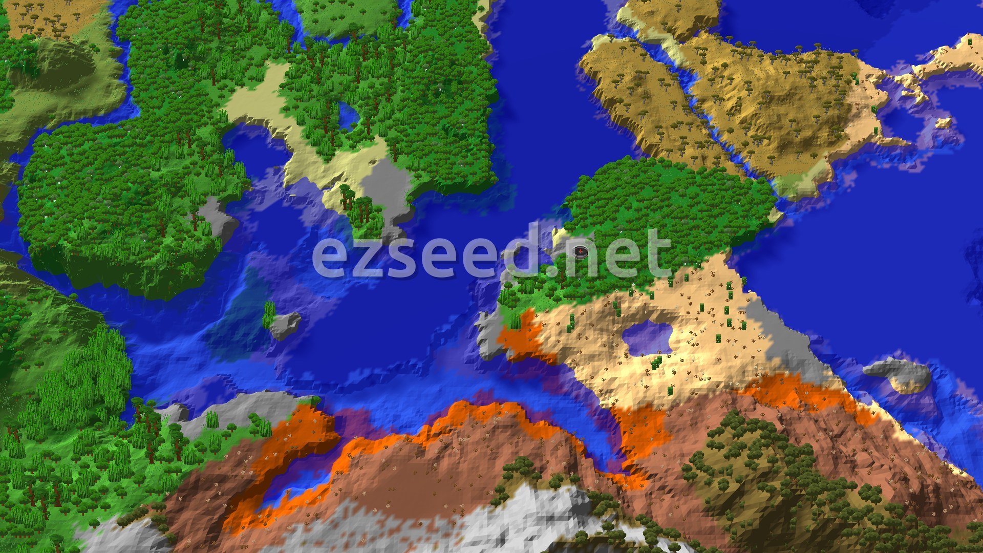 A bird's eye view of a diverse landscape featuring a large ocean, multiple islands covered in forests and jungles, sandy beaches, deserts, and a striking badlands area with orange and brown terra cotta.