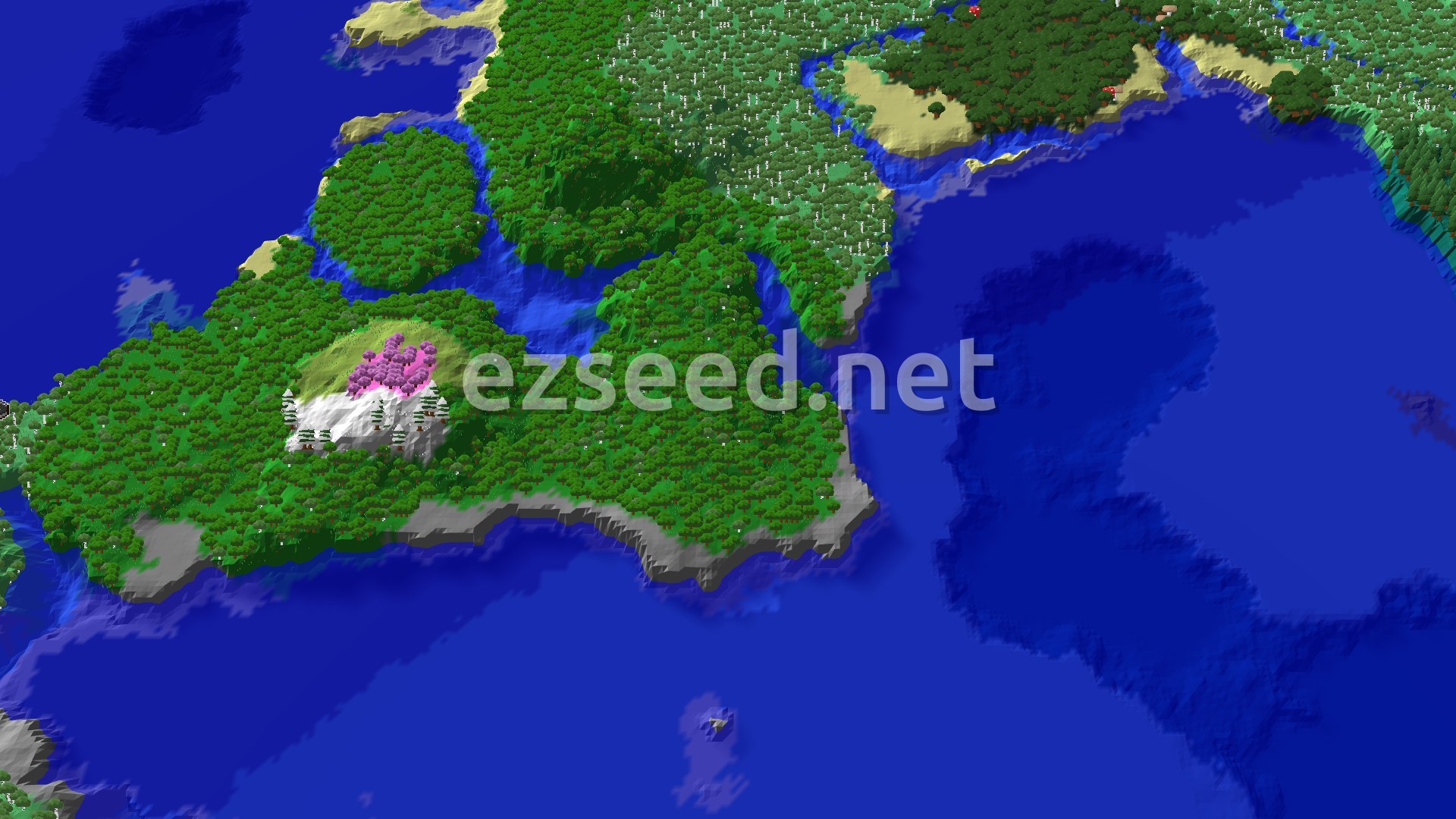 An overhead view of a large island covered in lush green forests and a distinct pink-leafed cherry grove on a snowy peak. Blue oceans surround the island with some sandy beaches along the coast.