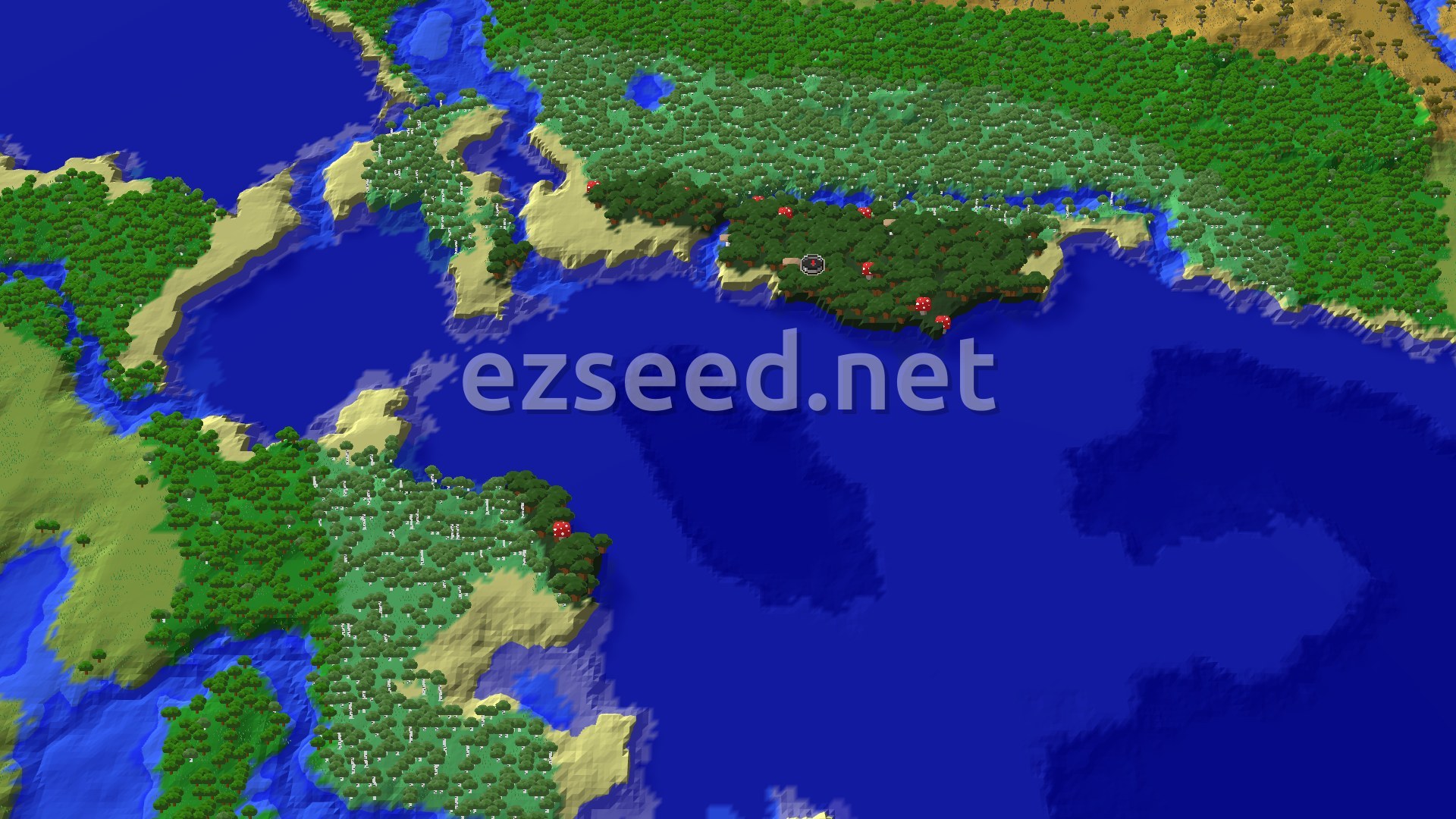 An aerial view of a dark forest biome at the center, surrounded by oceans and beaches. Other forest types and savannas are visible further out.