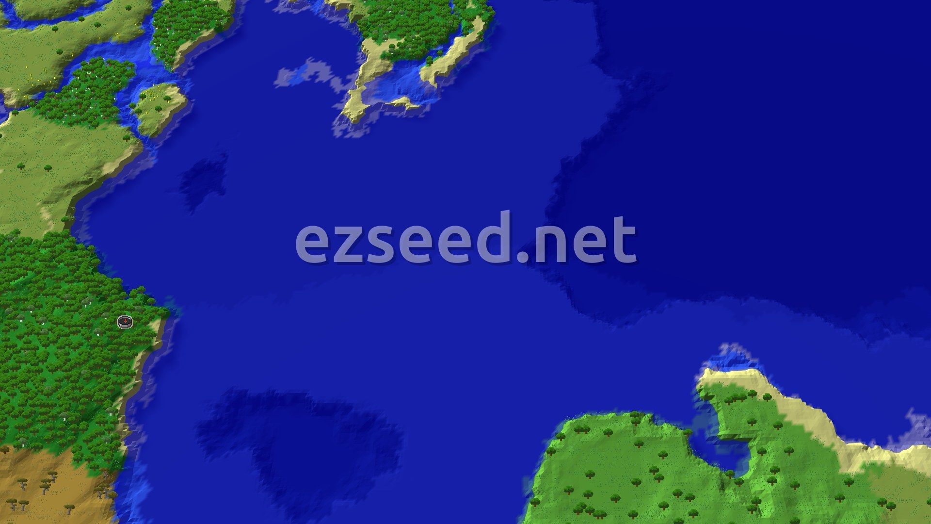 An aerial view of a varied landscape featuring a large ocean, forest, savanna, and sandy beaches with a small spawn marker on the forested coastline.