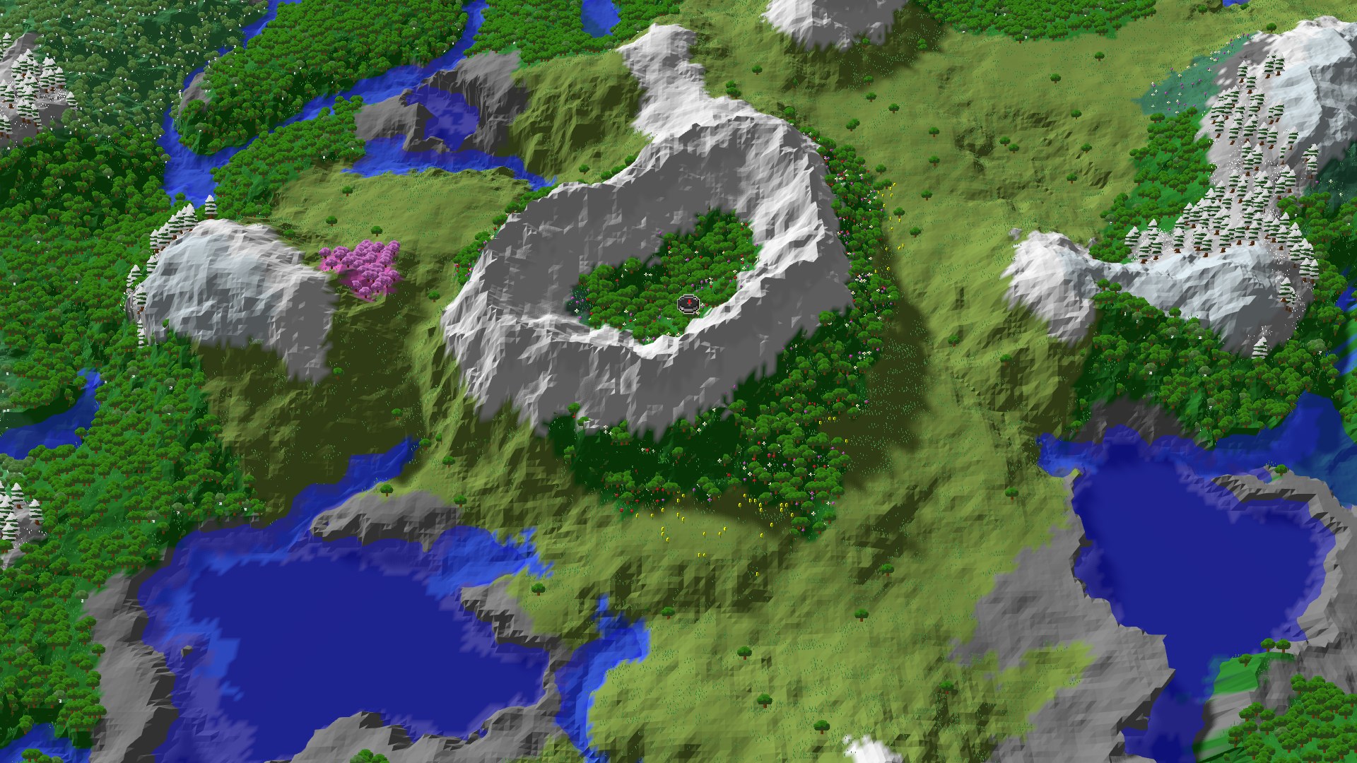 Aerial Minecraft seed map — A Jagged Peaks Crater with a Hidden Cherry Grove