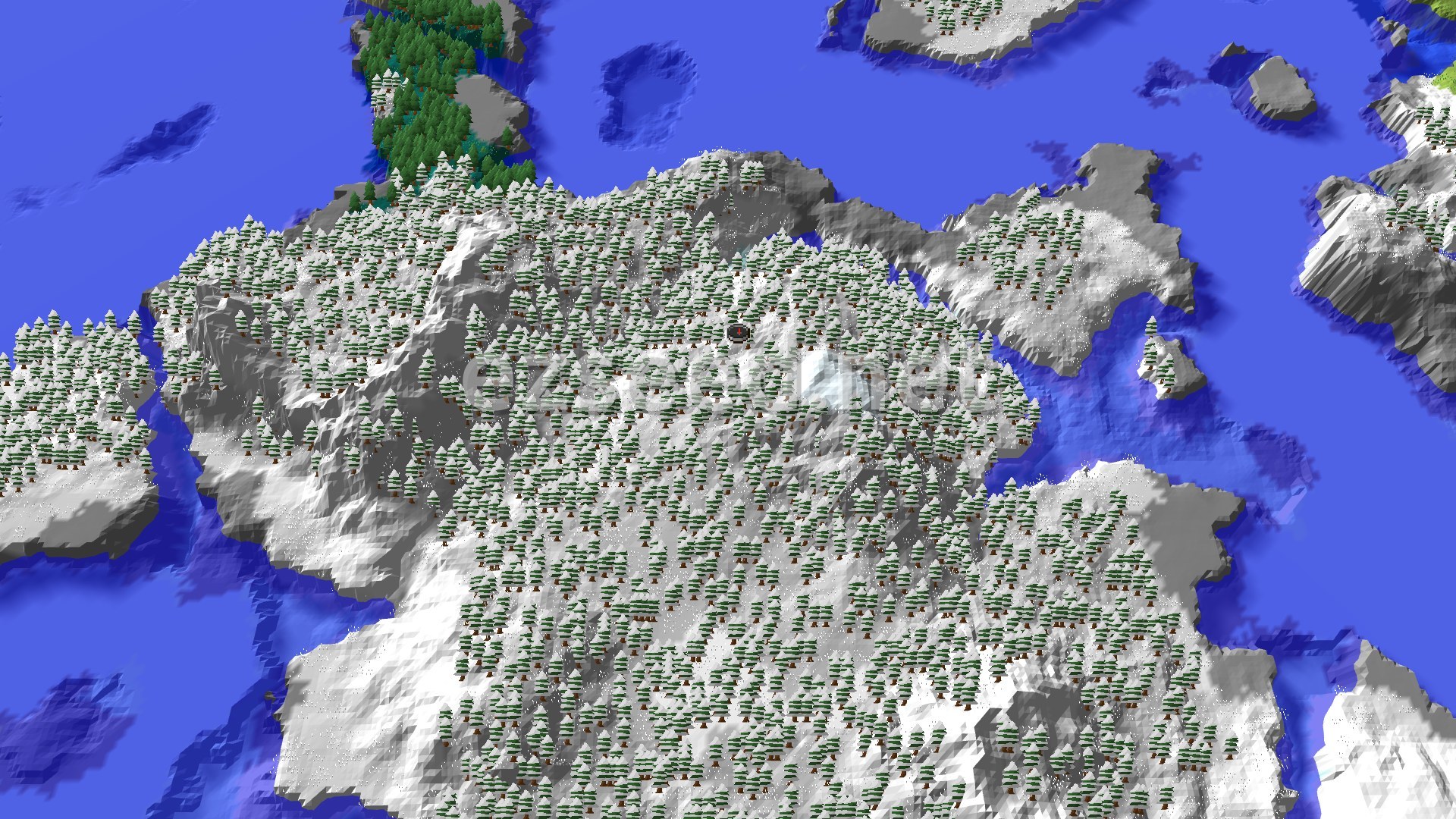 Aerial Minecraft seed map — Spawn in a Grove with Frozen Peaks a short walk away