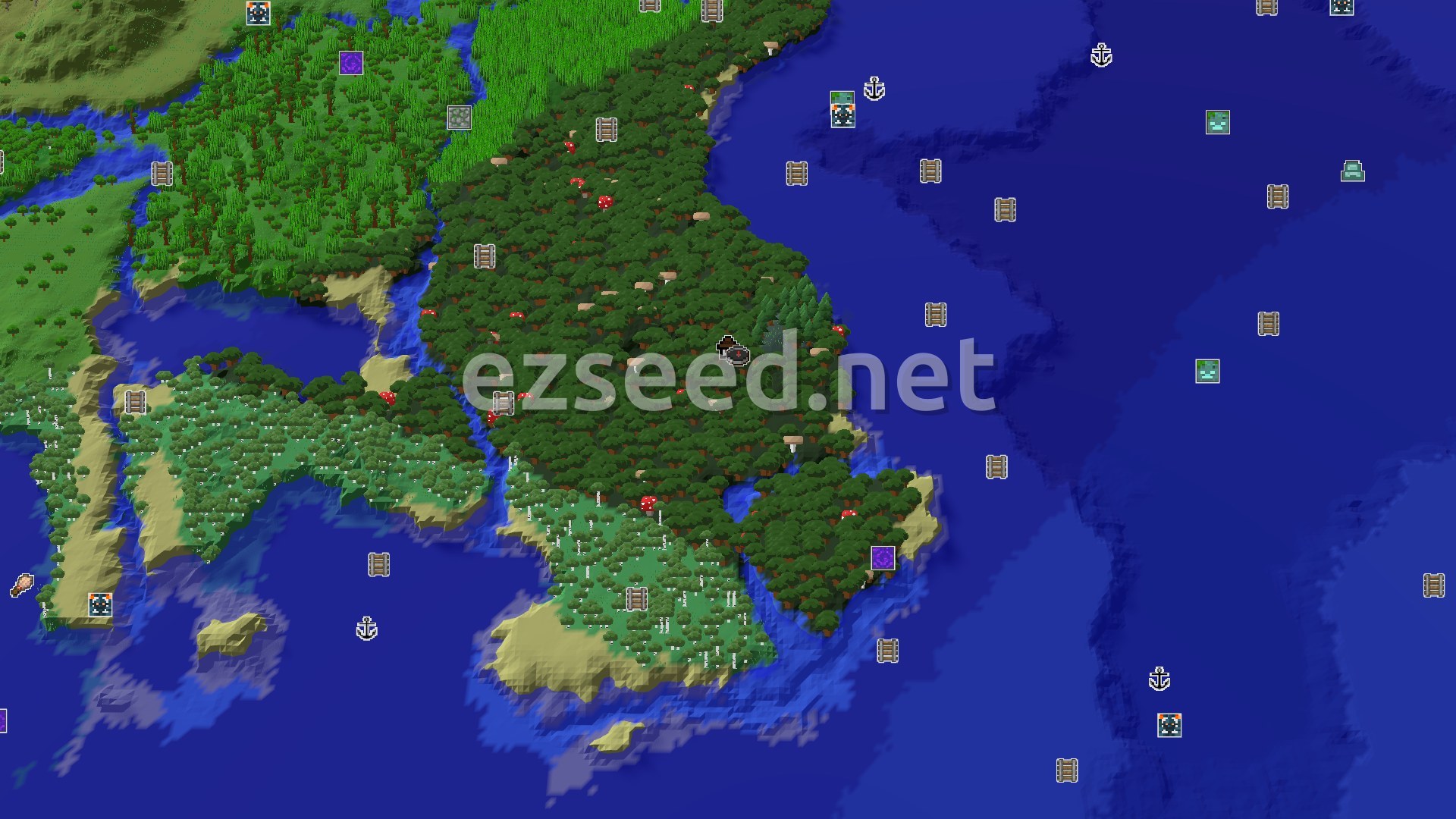 Aerial Minecraft seed map — Spawn in a Dark Forest next to a Woodland Mansion